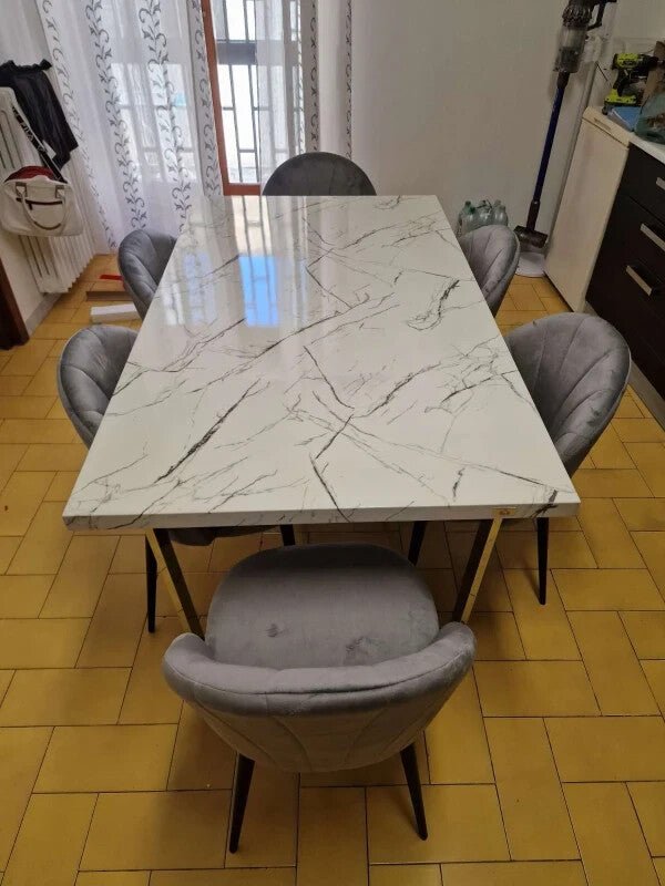 White Modern Large Dining Room Table Kitchen Table Marble Effect Top Steel Legs - Home and Garden Furniture Shop - rustic - furniture