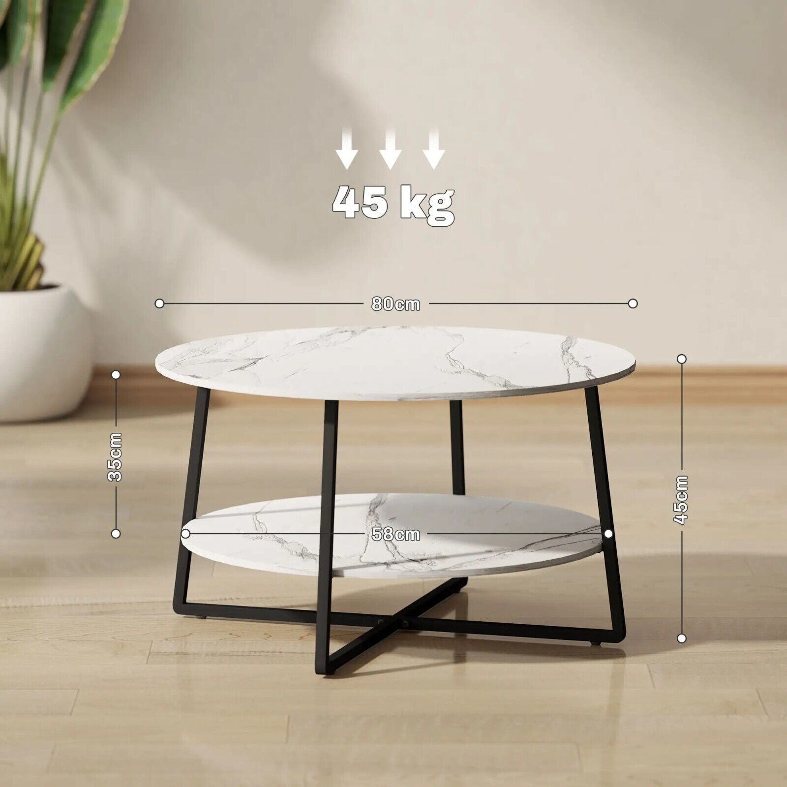 White Round Coffee Table Storage Shelf Marble Effect Table Top Black Metal Legs - Home and Garden Furniture Shop - rustic - furniture