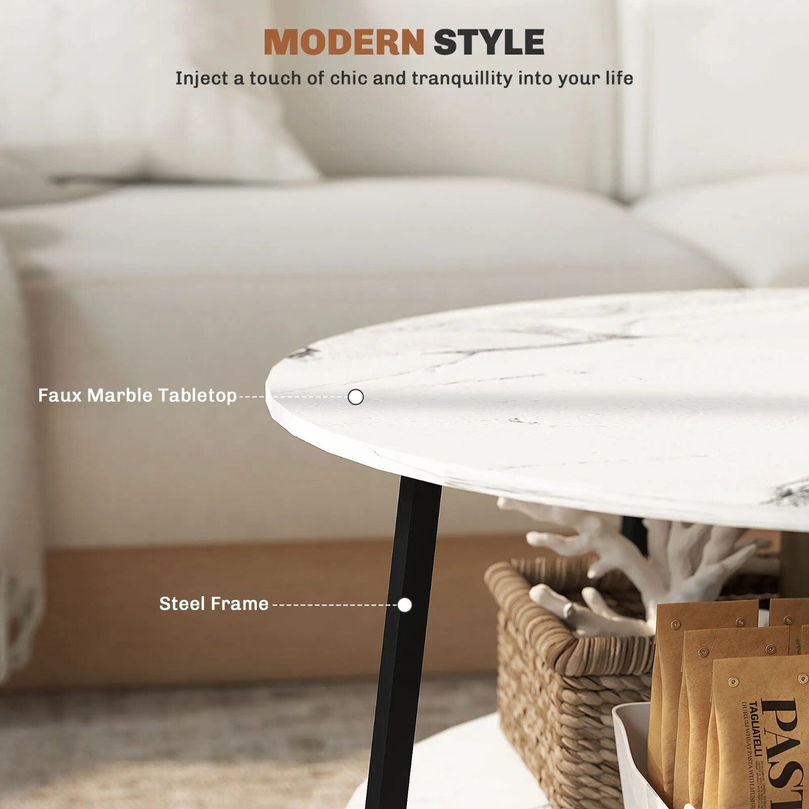 White Round Coffee Table Storage Shelf Marble Effect Table Top Black Metal Legs - Home and Garden Furniture Shop - rustic - furniture