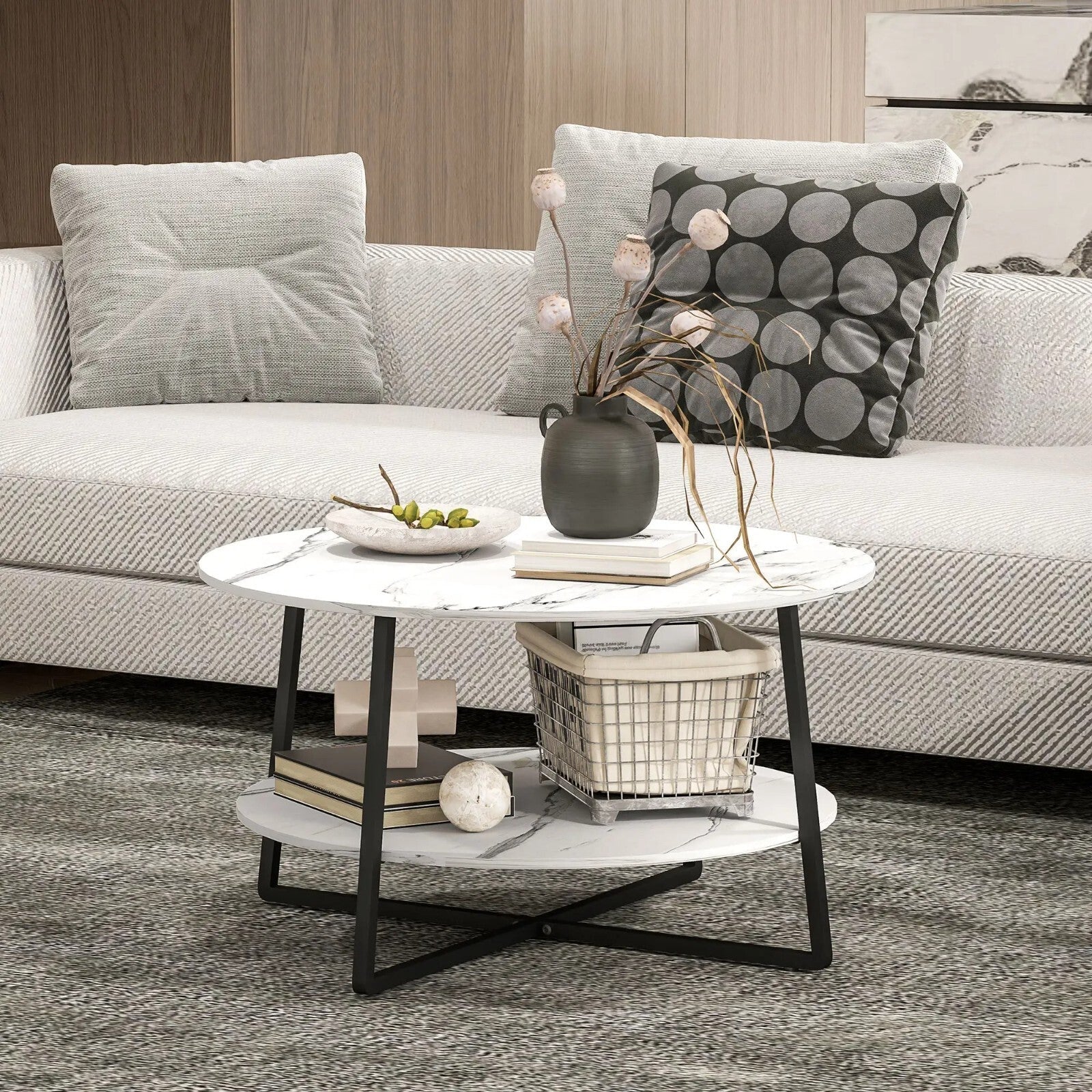 White Round Coffee Table Storage Shelf Marble Effect Table Top Black Metal Legs - Home and Garden Furniture Shop - rustic - furniture