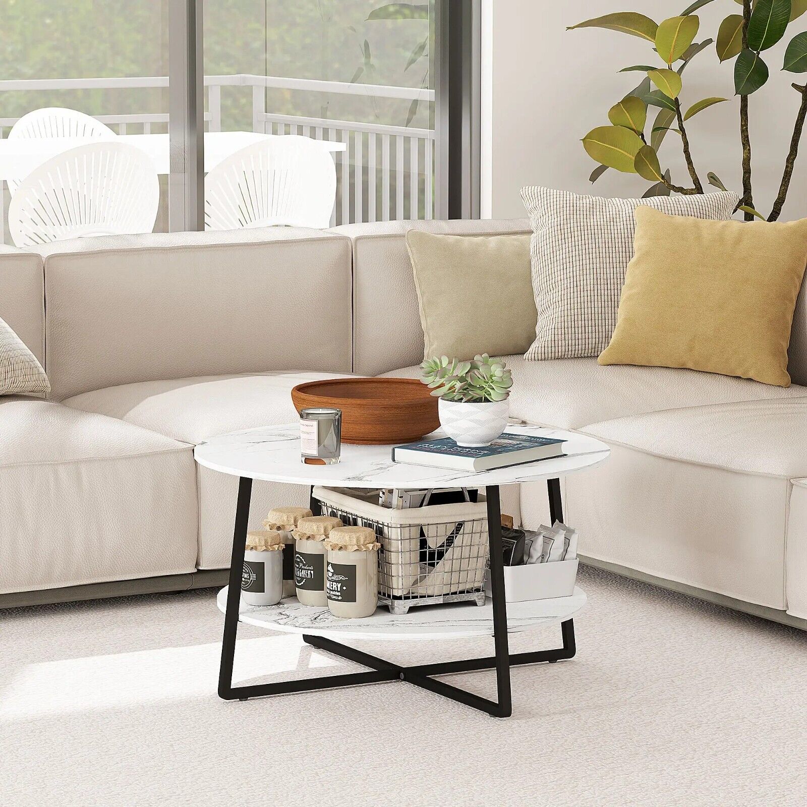 White Round Coffee Table Storage Shelf Marble Effect Table Top Black Metal Legs - Home and Garden Furniture Shop - rustic - furniture