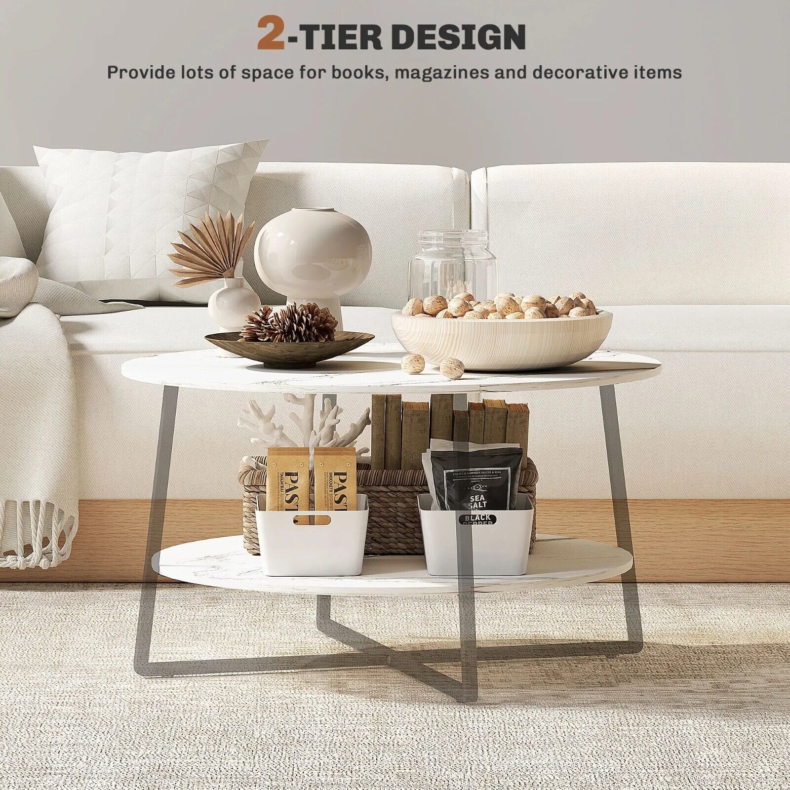 White Round Coffee Table Storage Shelf Marble Effect Table Top Black Metal Legs - Home and Garden Furniture Shop - rustic - furniture