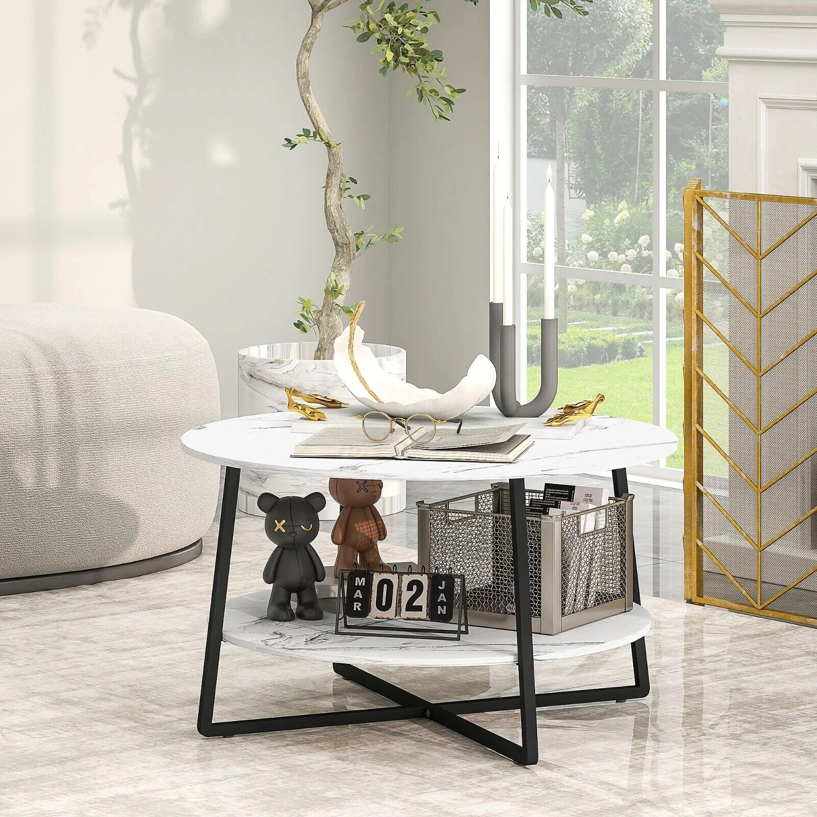 White Round Coffee Table Storage Shelf Marble Effect Table Top Black Metal Legs - Home and Garden Furniture Shop - rustic - furniture