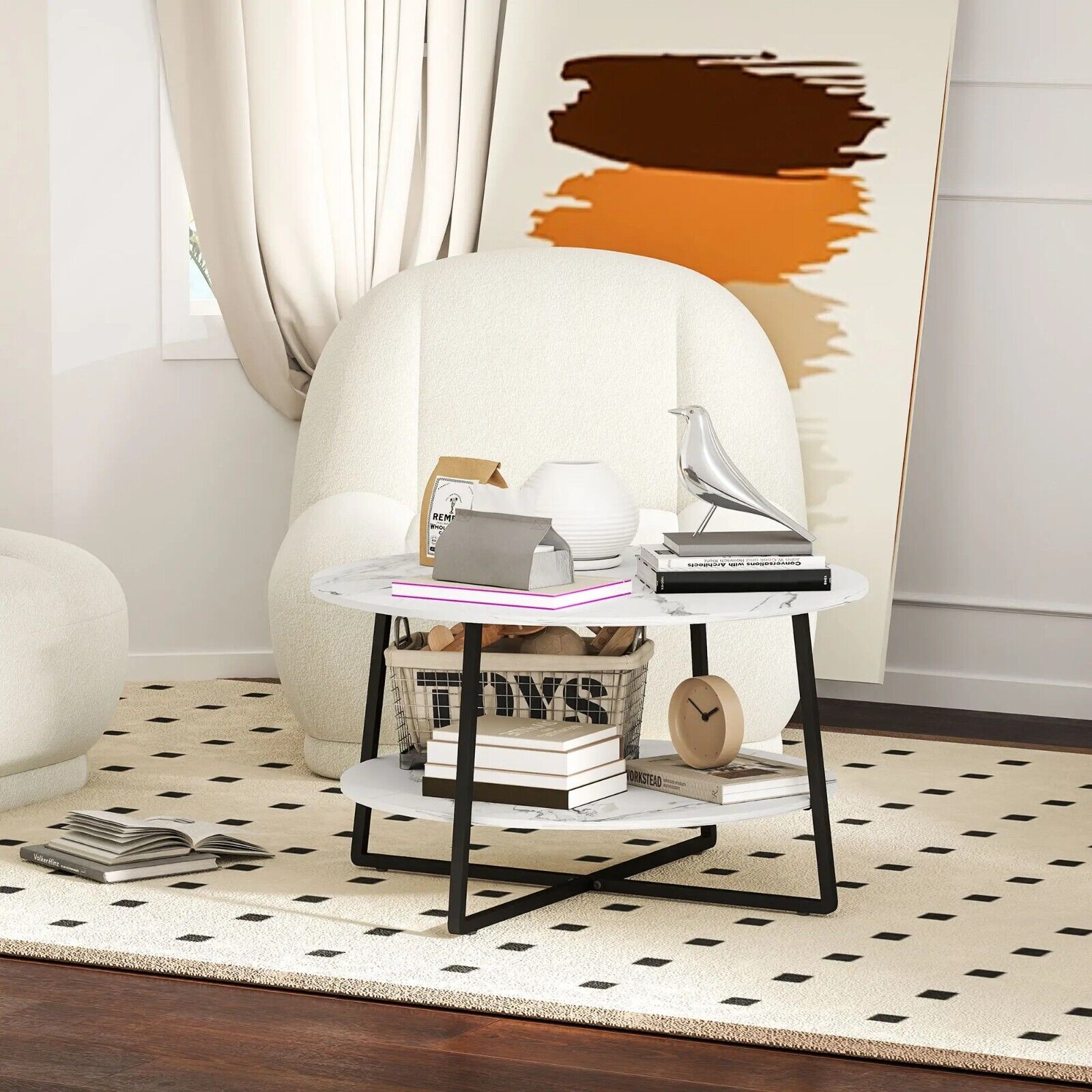 White Round Coffee Table Storage Shelf Marble Effect Table Top Black Metal Legs - Home and Garden Furniture Shop - rustic - furniture