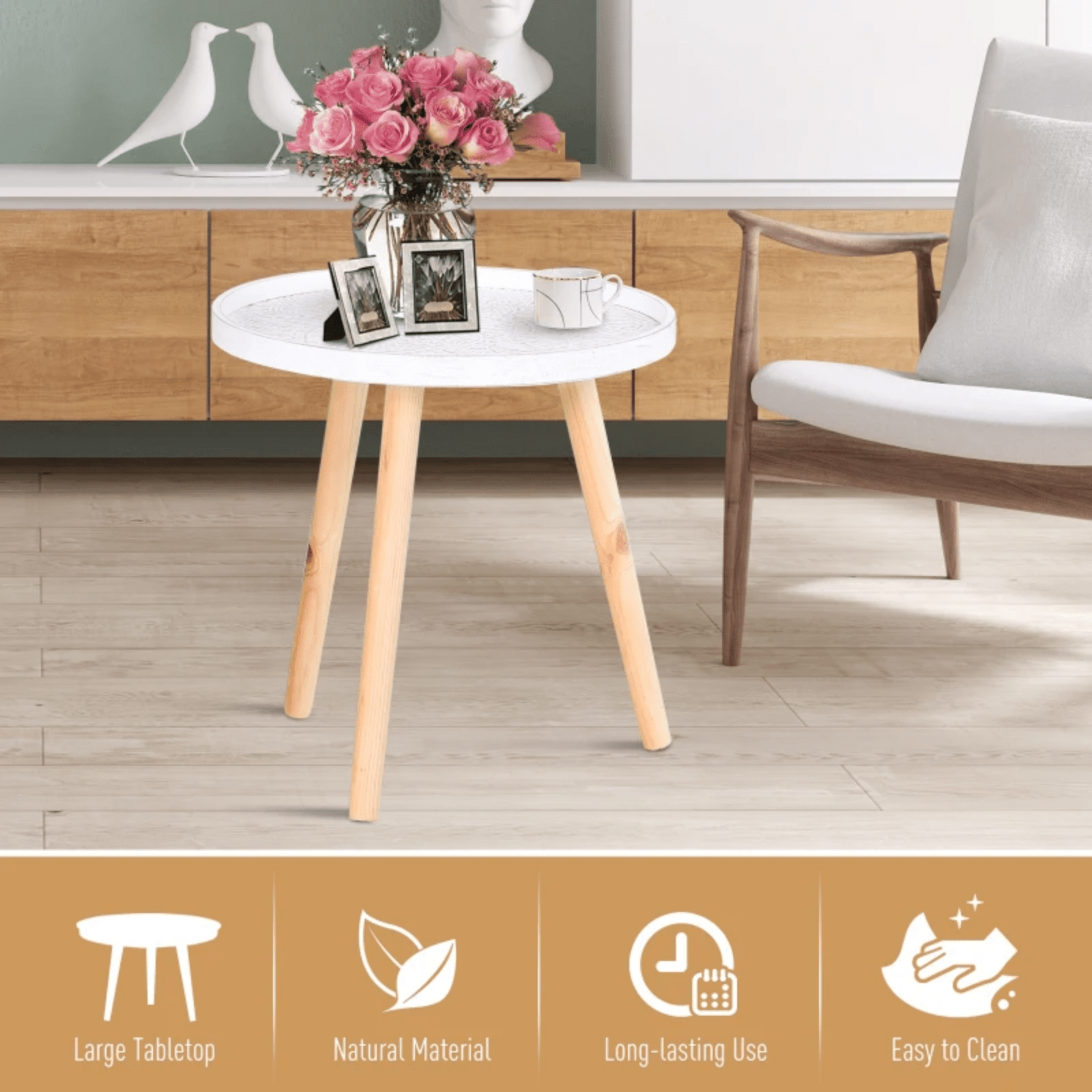 White Small Round Side Table Plant Lamp Stand Wooden Furniture Top End Pine Legs - Home and Garden Furniture Shop - rustic - furniture