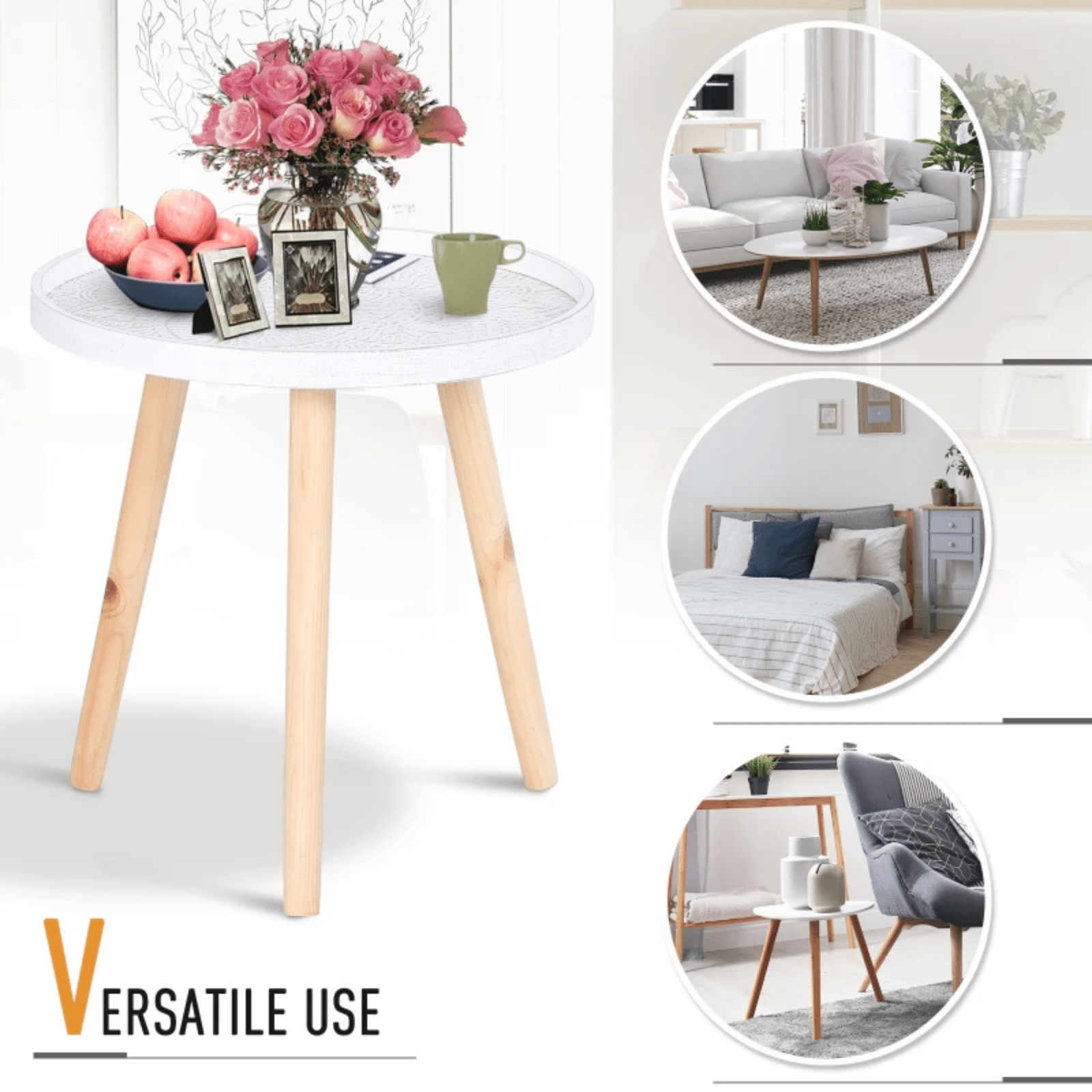 White Small Round Side Table Plant Lamp Stand Wooden Furniture Top End Pine Legs - Home and Garden Furniture Shop - rustic - furniture