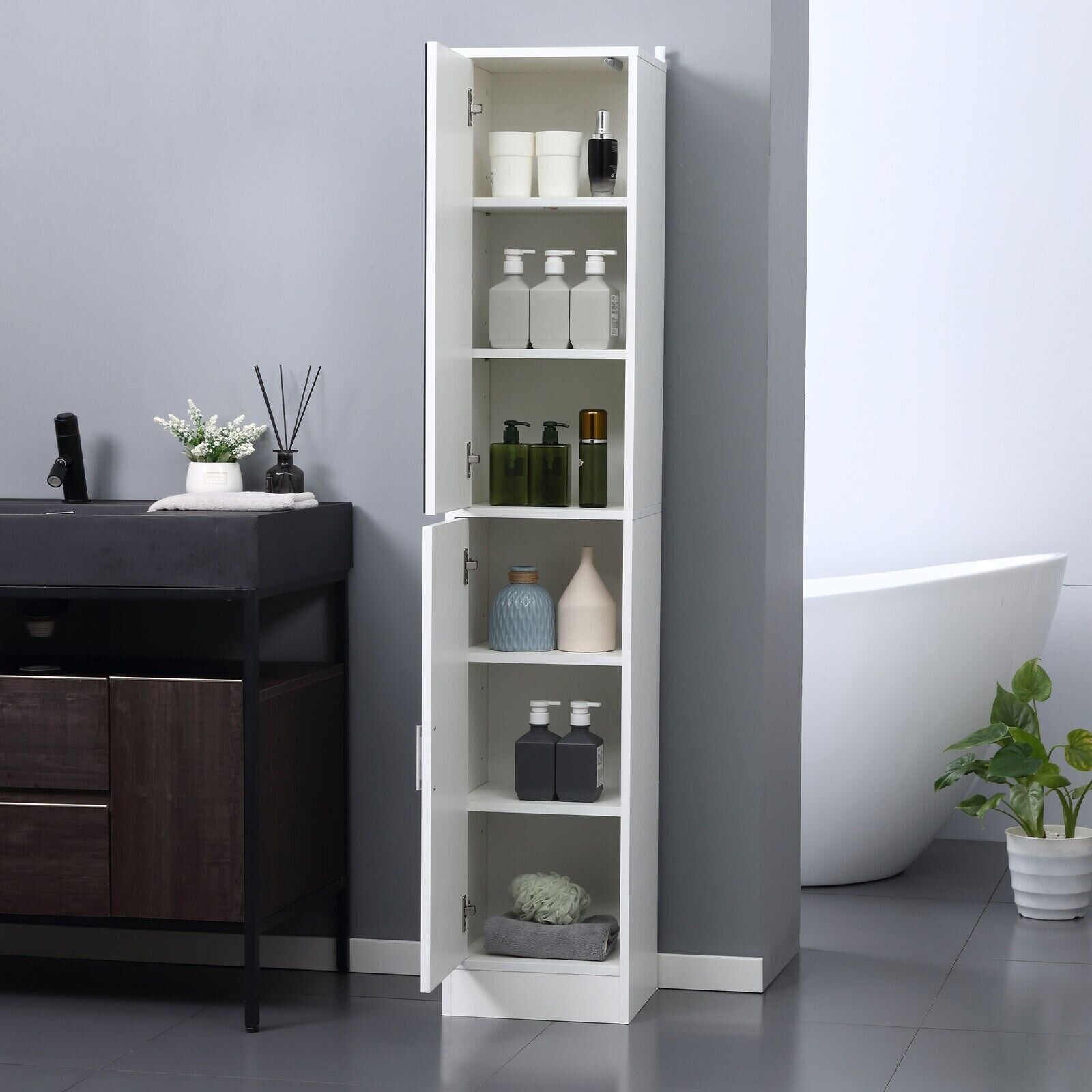 White Tall Mirrored Bathroom Cabinet Storage Cupboard Tallboy Unit Doors Shelves - Home and Garden Furniture Shop - #rustic - furniture#