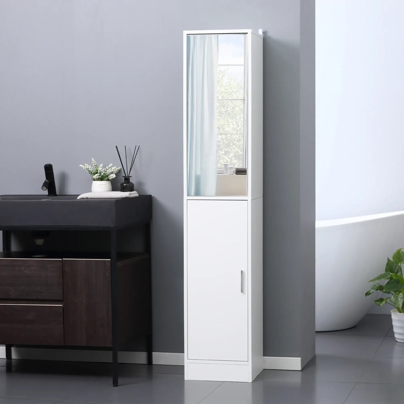White Tall Mirrored Bathroom Cabinet Storage Cupboard Tallboy Unit Doors Shelves - Home and Garden Furniture Shop - rustic - furniture