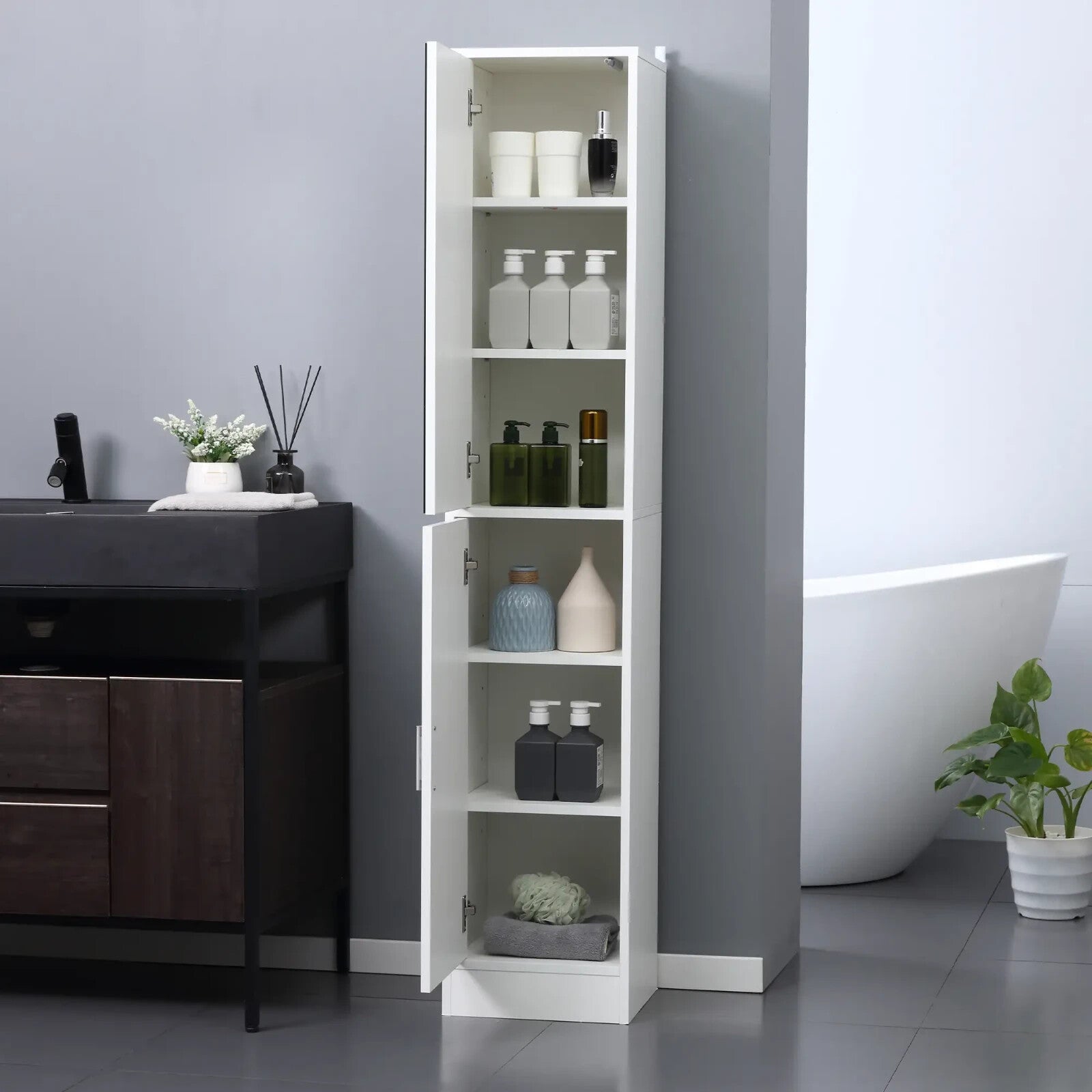 White Tall Mirrored Bathroom Cabinet Storage Cupboard Tallboy Unit Doors Shelves - Home and Garden Furniture Shop - rustic - furniture