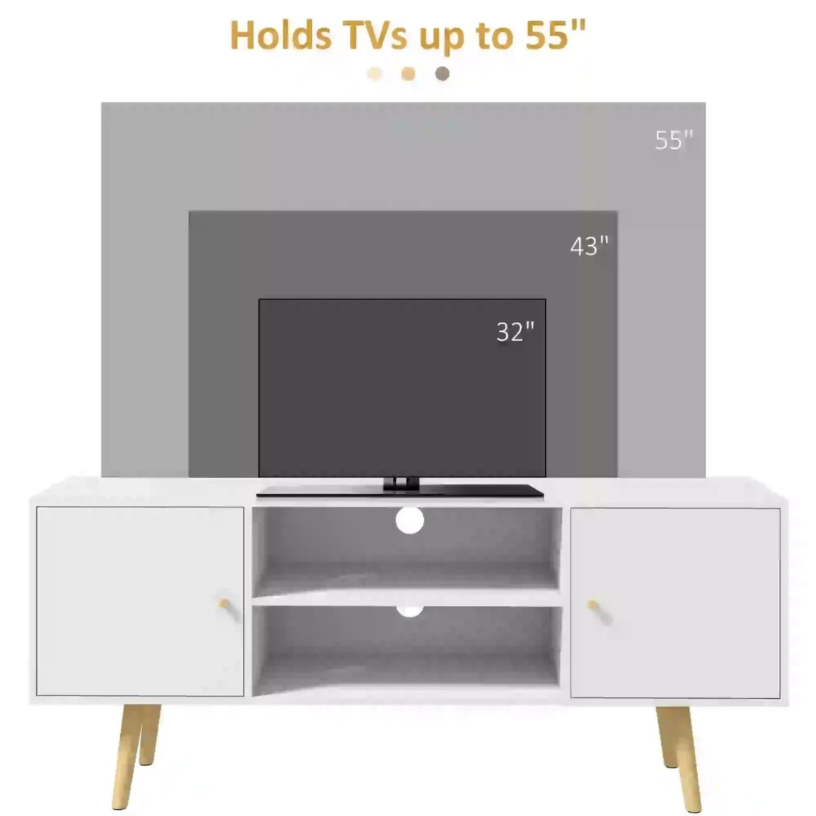 White TV Stand Entertainment Unit with Doors for 55 Inch TV Wooden Legs Shelves - Home and Garden Furniture Shop - rustic - furniture