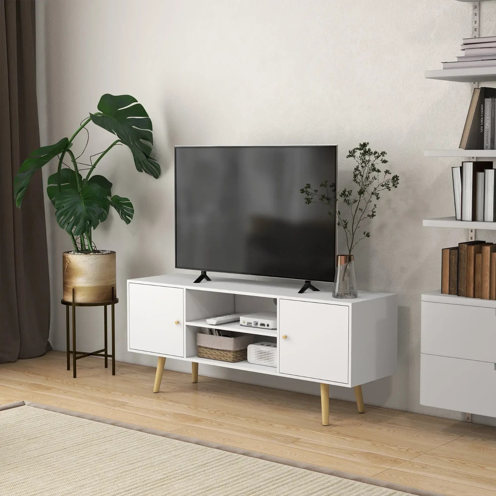 White TV Stand Entertainment Unit with Doors for 55 Inch TV Wooden Legs Shelves - Home and Garden Furniture Shop - rustic - furniture