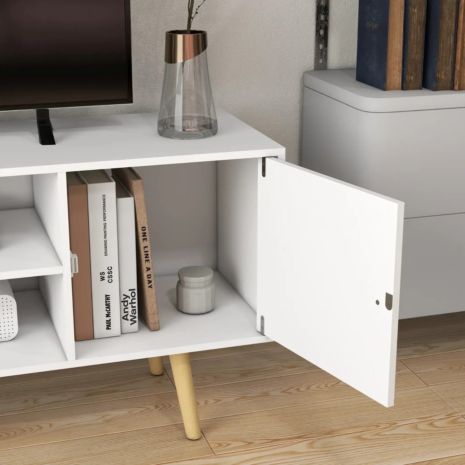 White TV Stand Entertainment Unit with Doors for 55 Inch TV Wooden Legs Shelves - Home and Garden Furniture Shop - rustic - furniture