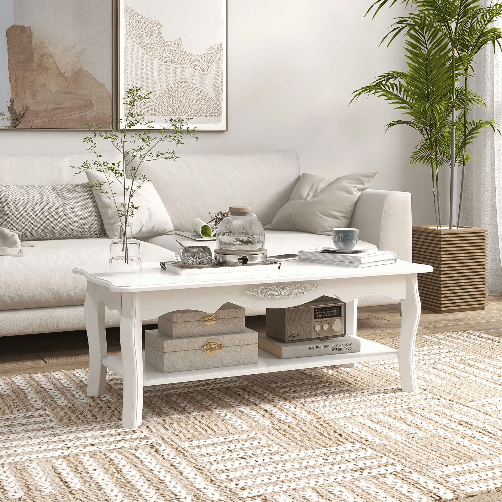 White Wooden Coffee Table with Storage Shelf Tea Table Wood Modern Living Room - Home and Garden Furniture Shop - rustic - furniture