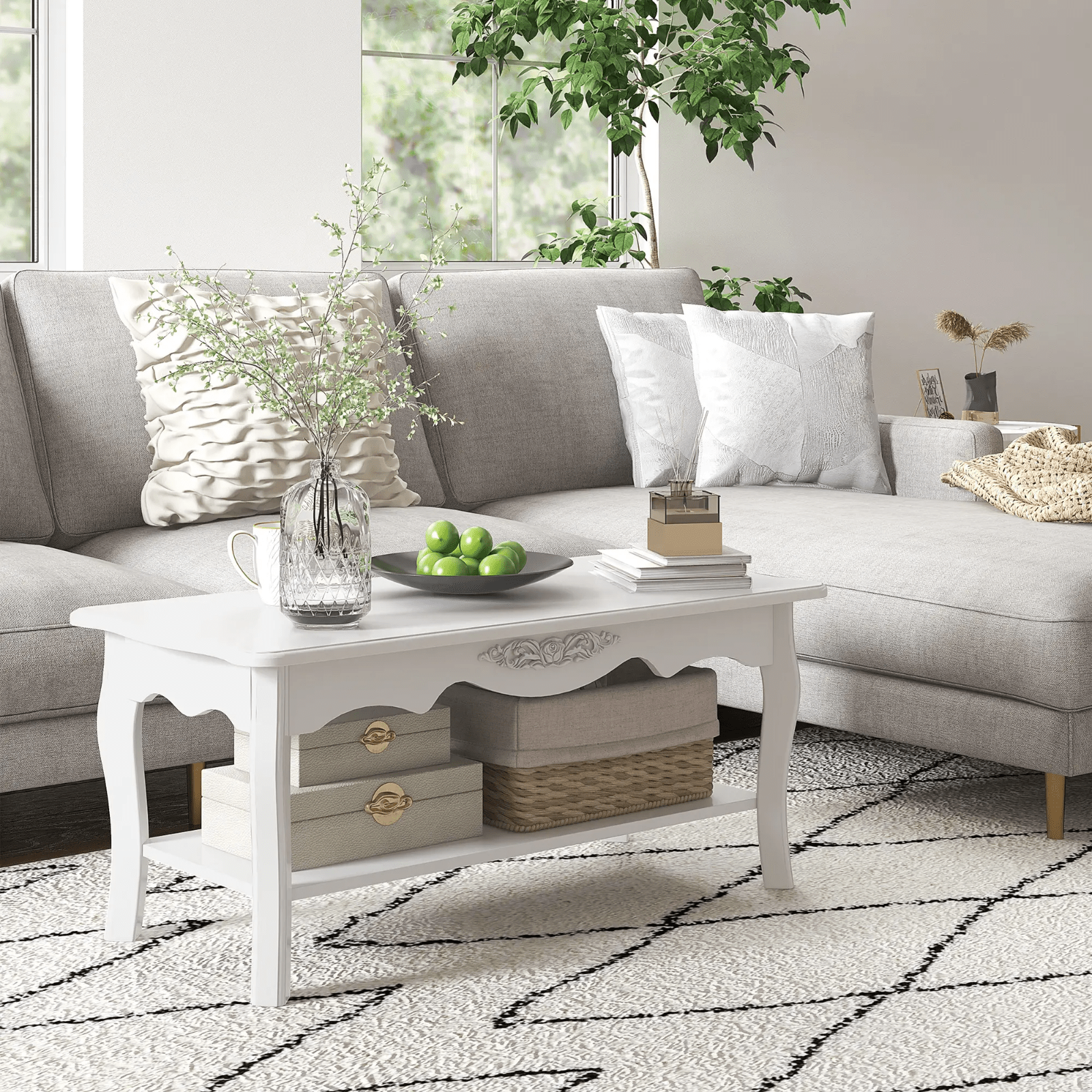 White Wooden Coffee Table with Storage Shelf Tea Table Wood Modern Living Room - Home and Garden Furniture Shop - rustic - furniture