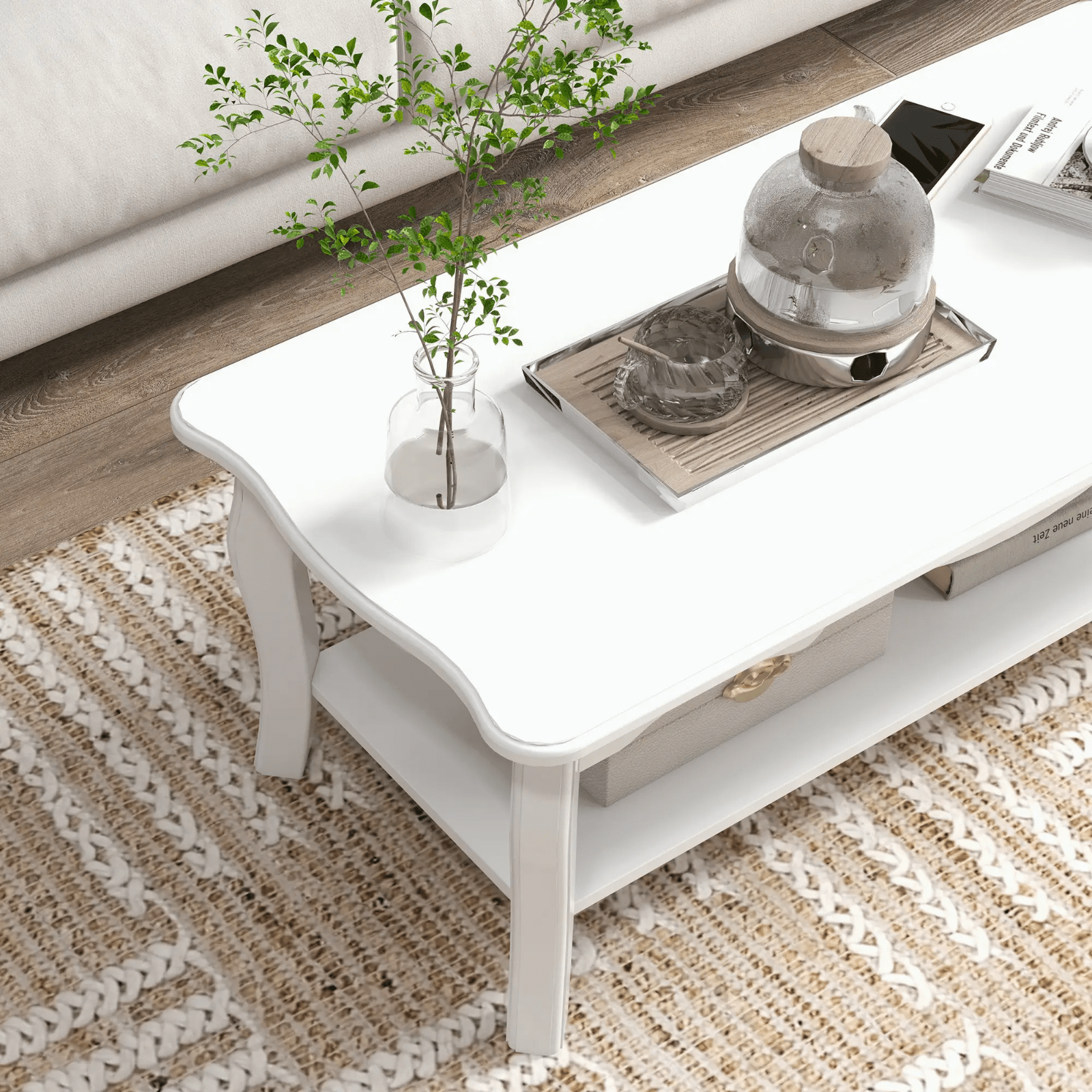 White Wooden Coffee Table with Storage Shelf Tea Table Wood Modern Living Room - Home and Garden Furniture Shop - rustic - furniture