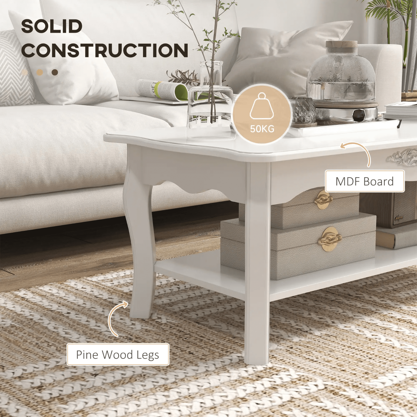 White Wooden Coffee Table with Storage Shelf Tea Table Wood Modern Living Room - Home and Garden Furniture Shop - rustic - furniture