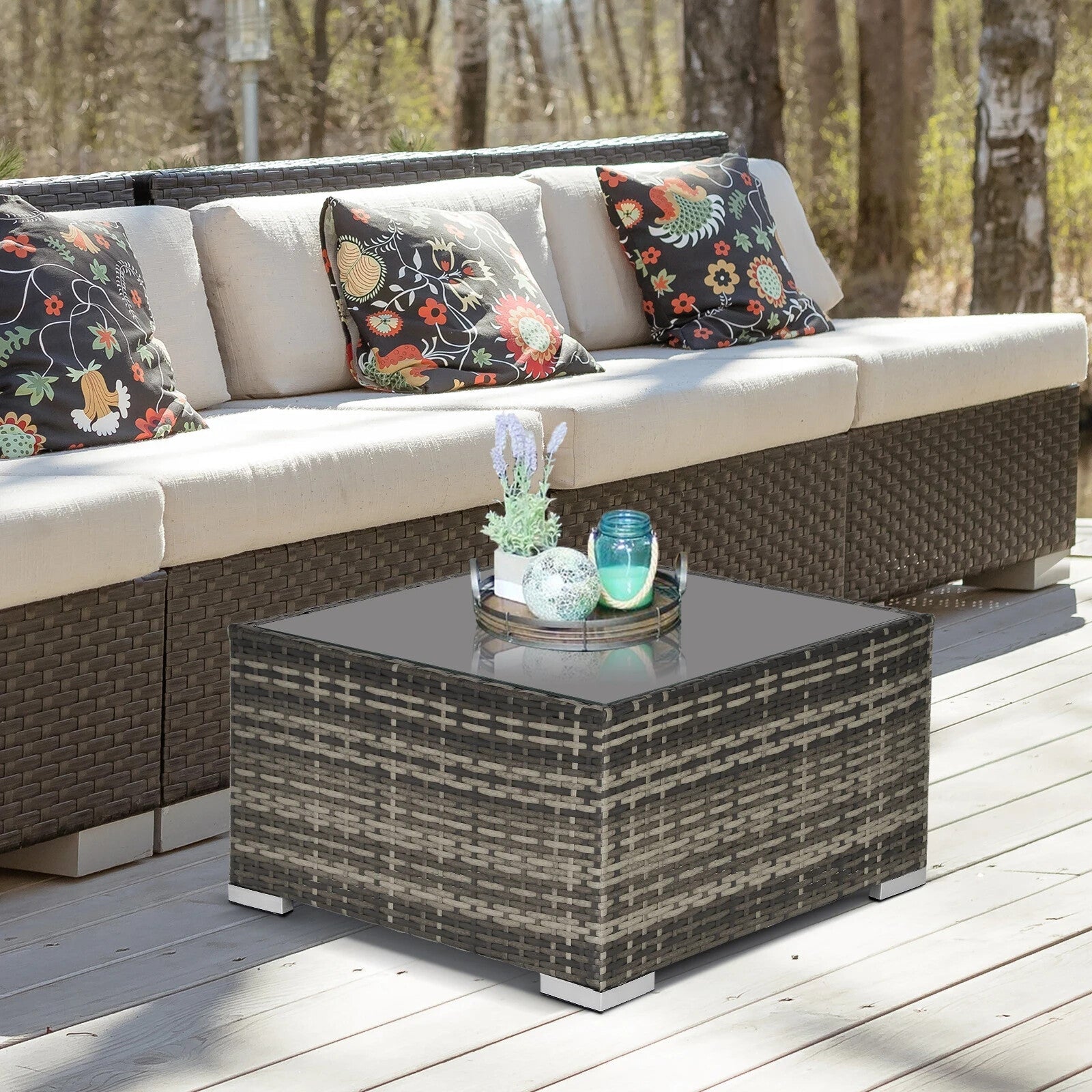 Wicker Patio Coffee Table w/ Glass Top Outdoor Garden Furniture for Balcony Deck - Home and Garden Furniture Shop - rustic - furniture