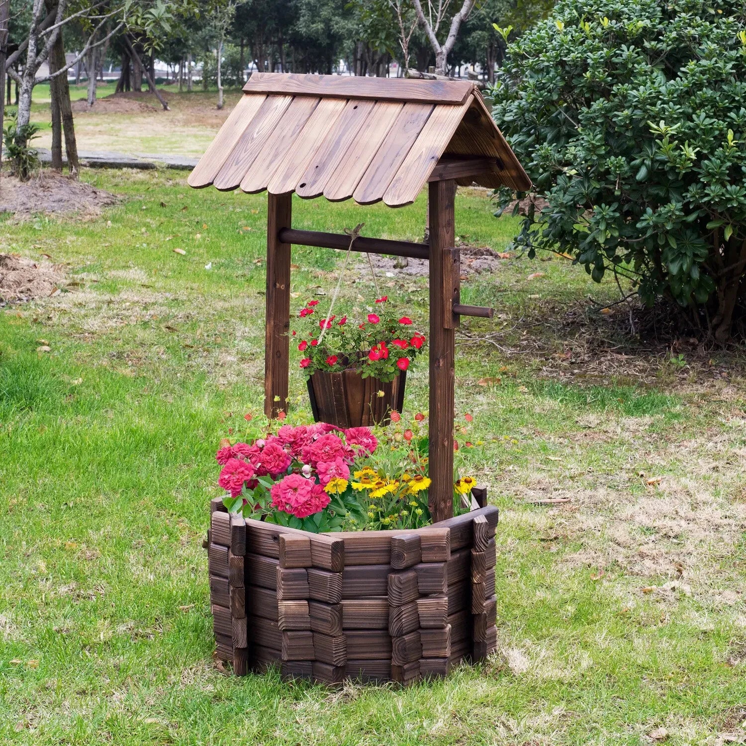 Wishing Well Planter Rustic Wooden Garden Bucket Planter Outdoor Decor Brown - Home and Garden Furniture Shop - rustic - furniture