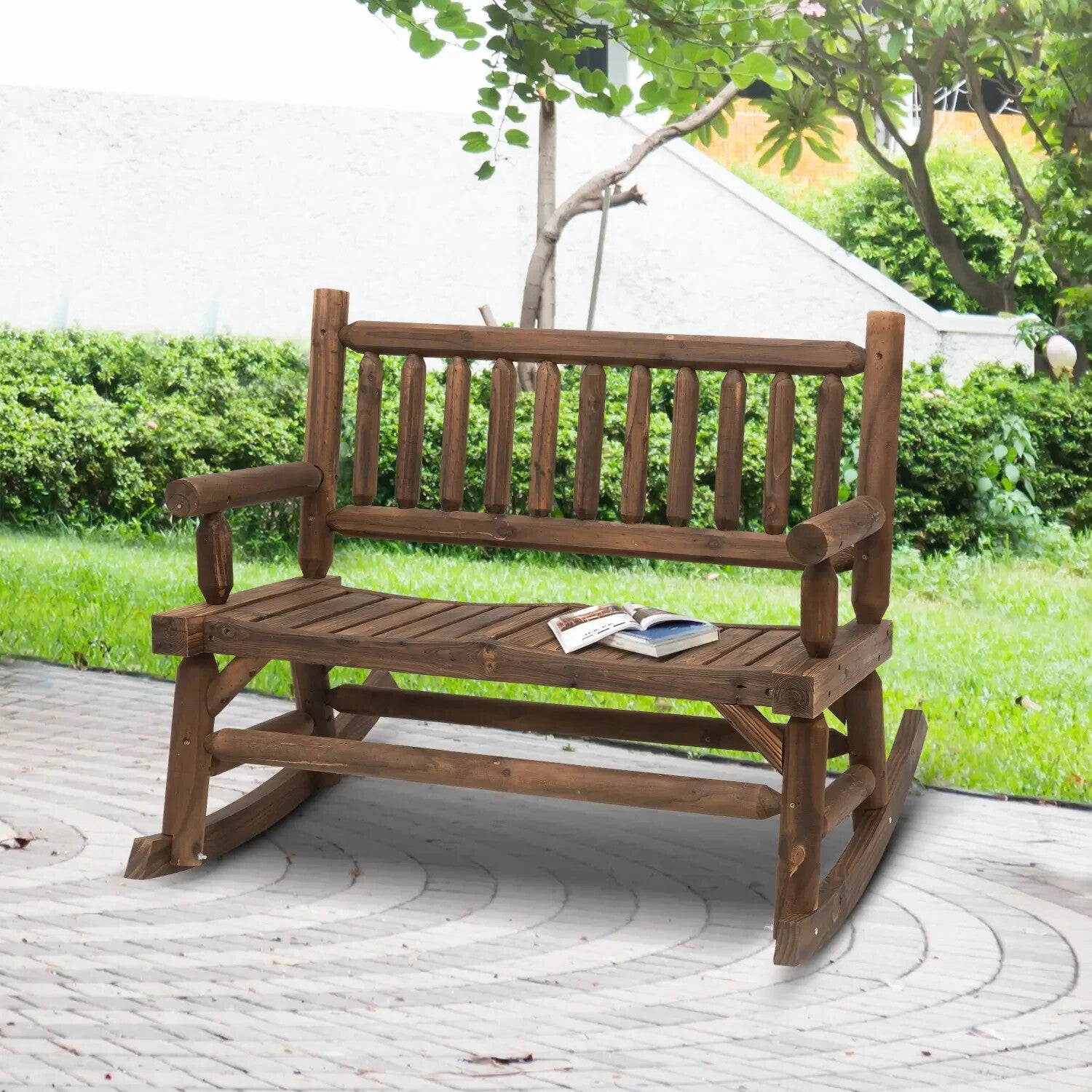 Wooden 2 Seat Rocking Bench with Slatted Back Rustic Garden Loveseat Furniture - Home and Garden Furniture Shop - rustic - furniture