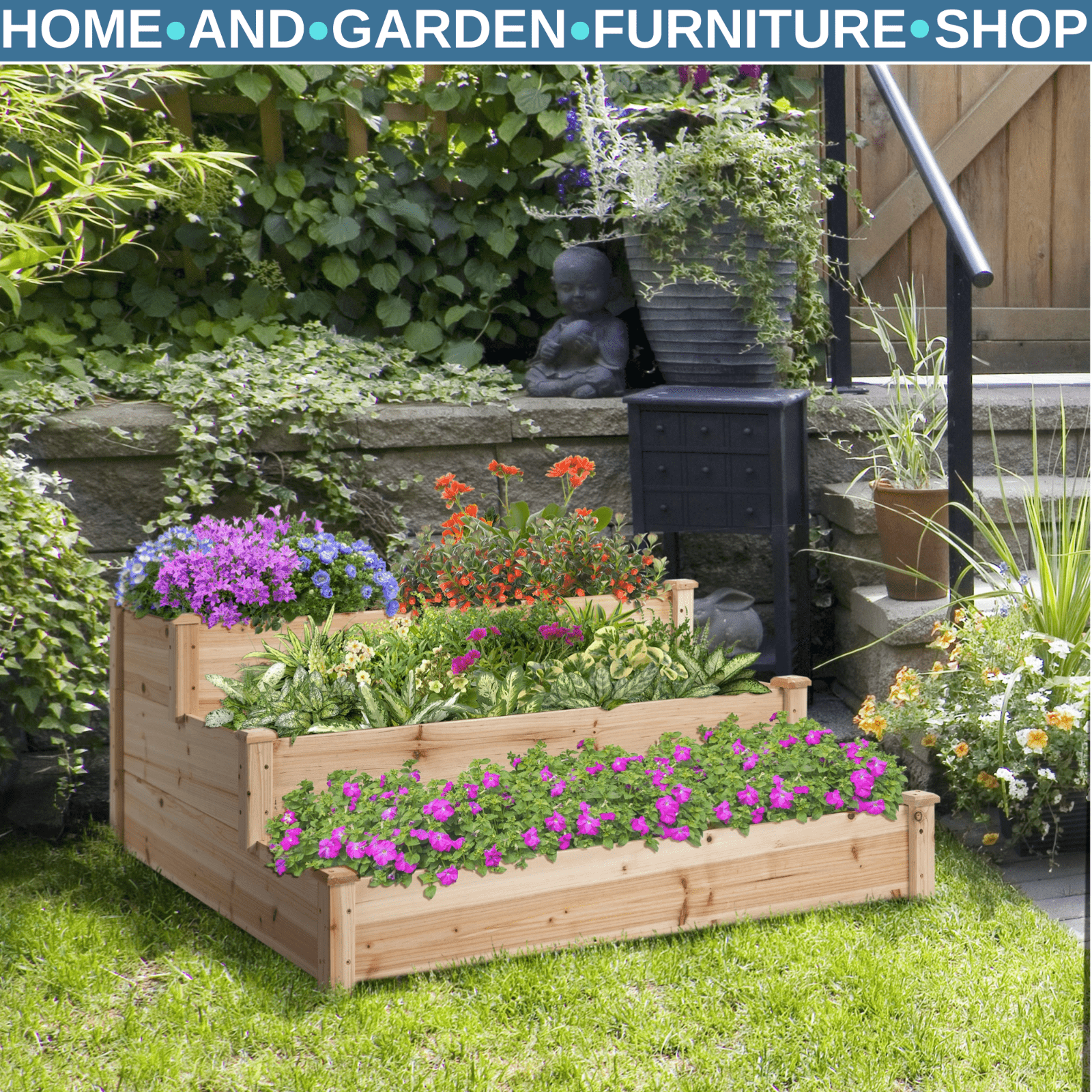 Wooden 3 Tier Raised Garden Planter Box Kit Elevated Bed Stand for Patio or Yard - Home and Garden Furniture Shop - rustic - furniture