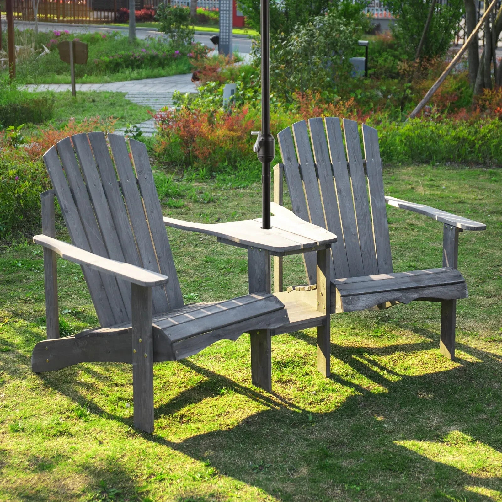 Wooden Double Adirondack Garden Chairs with Centre Table and Umbrella Hole Set - Home and Garden Furniture Shop - rustic - furniture
