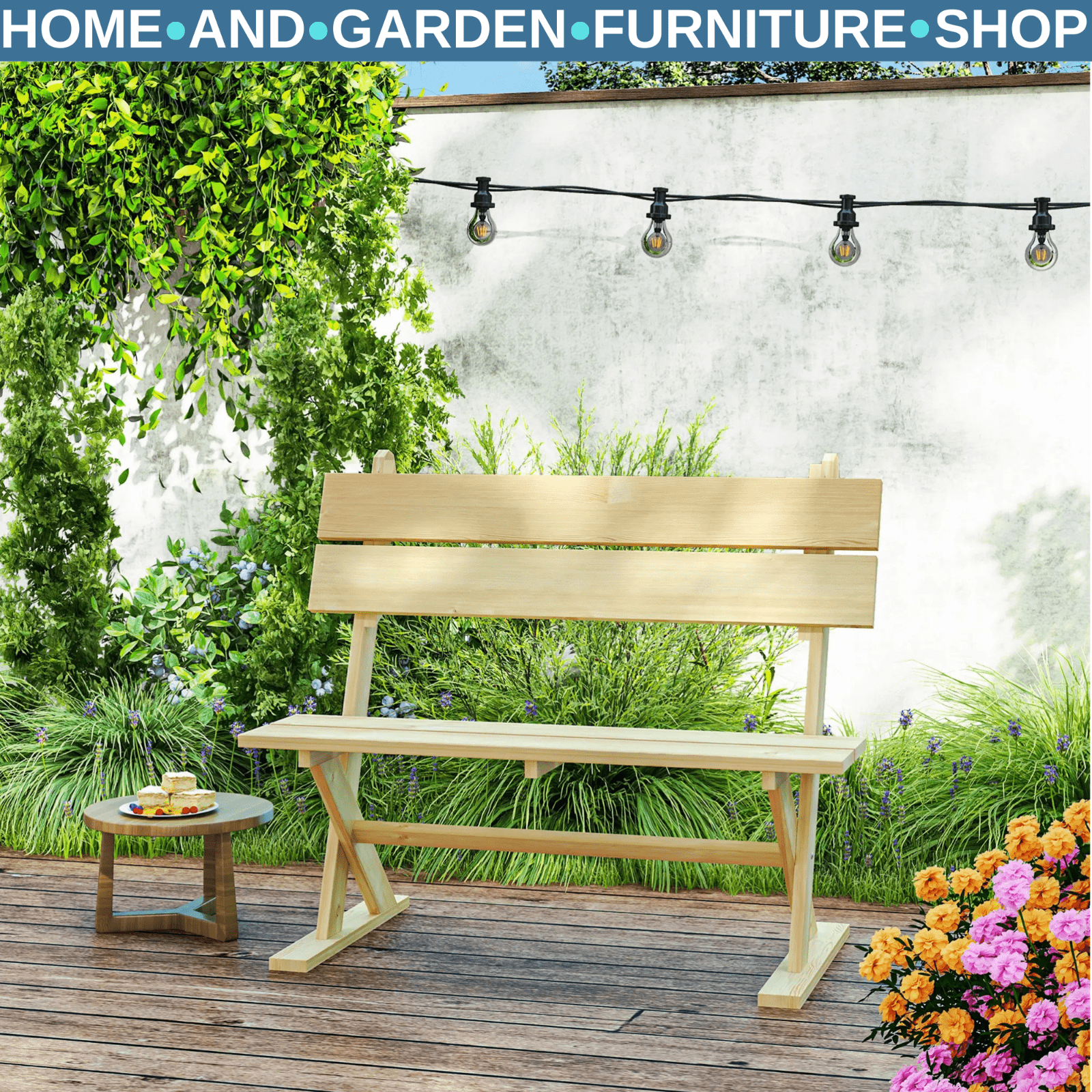 Wooden Garden Bench 2 Seater Loveseat Slatted Wood Seat Back Outdoor Patio Bench - Home and Garden Furniture Shop - rustic - furniture