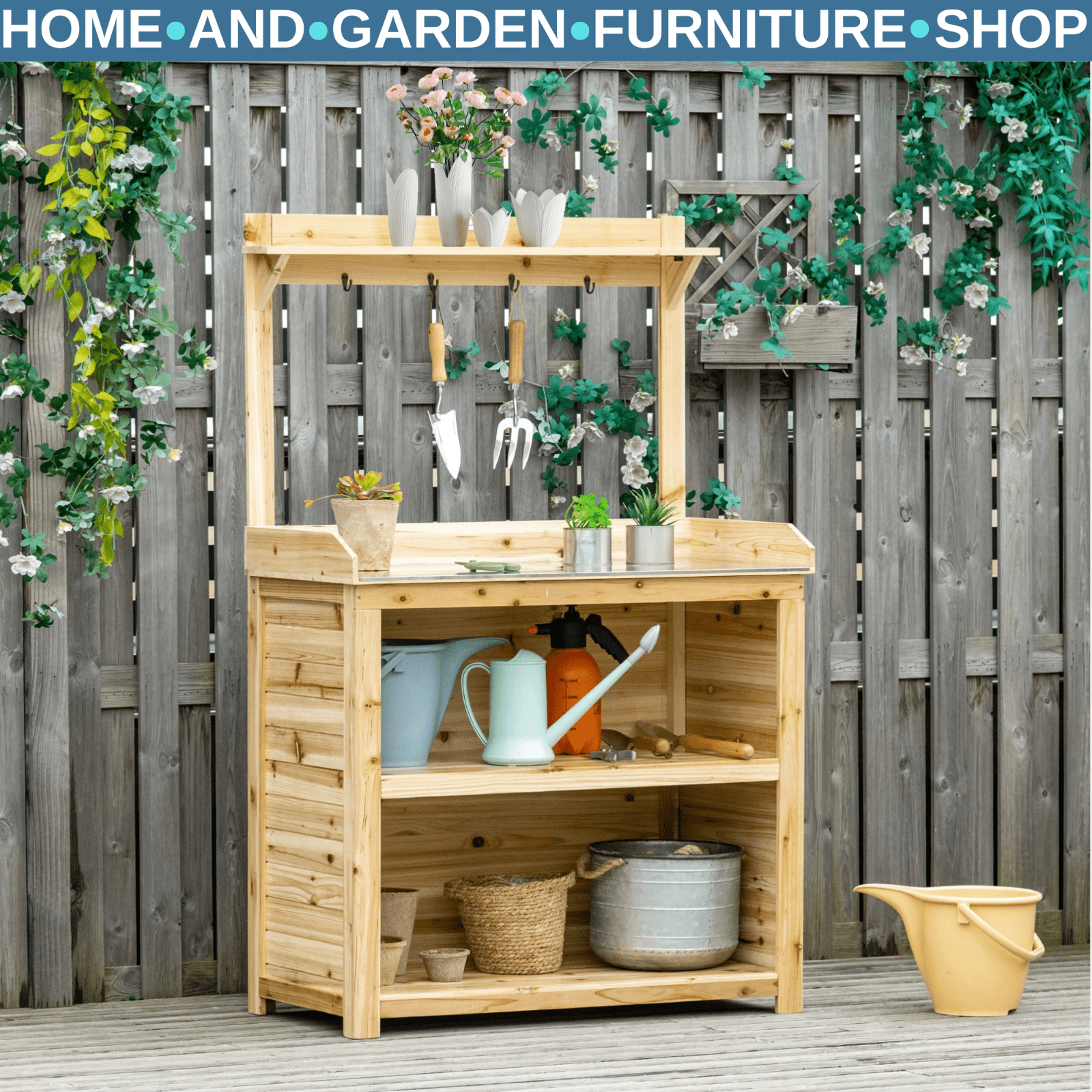 Wooden Garden Potting Bench Workstation Table w/ Galvanised Tabletop Shelve Hook - Home and Garden Furniture Shop - rustic - furniture