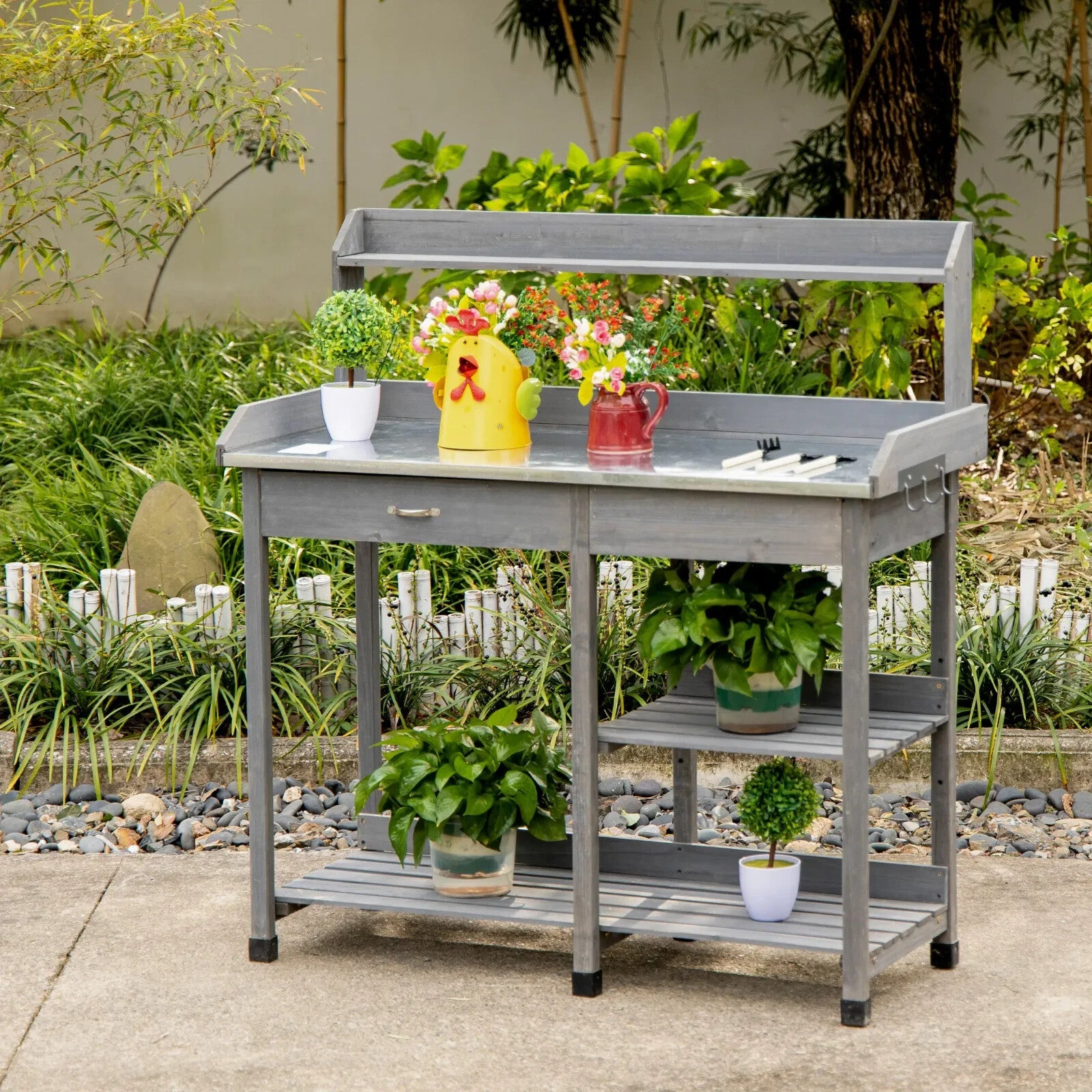 Wooden Garden Potting Table Workstation with Metal Top Drawer & Storage Shelves - Home and Garden Furniture Shop - rustic - furniture