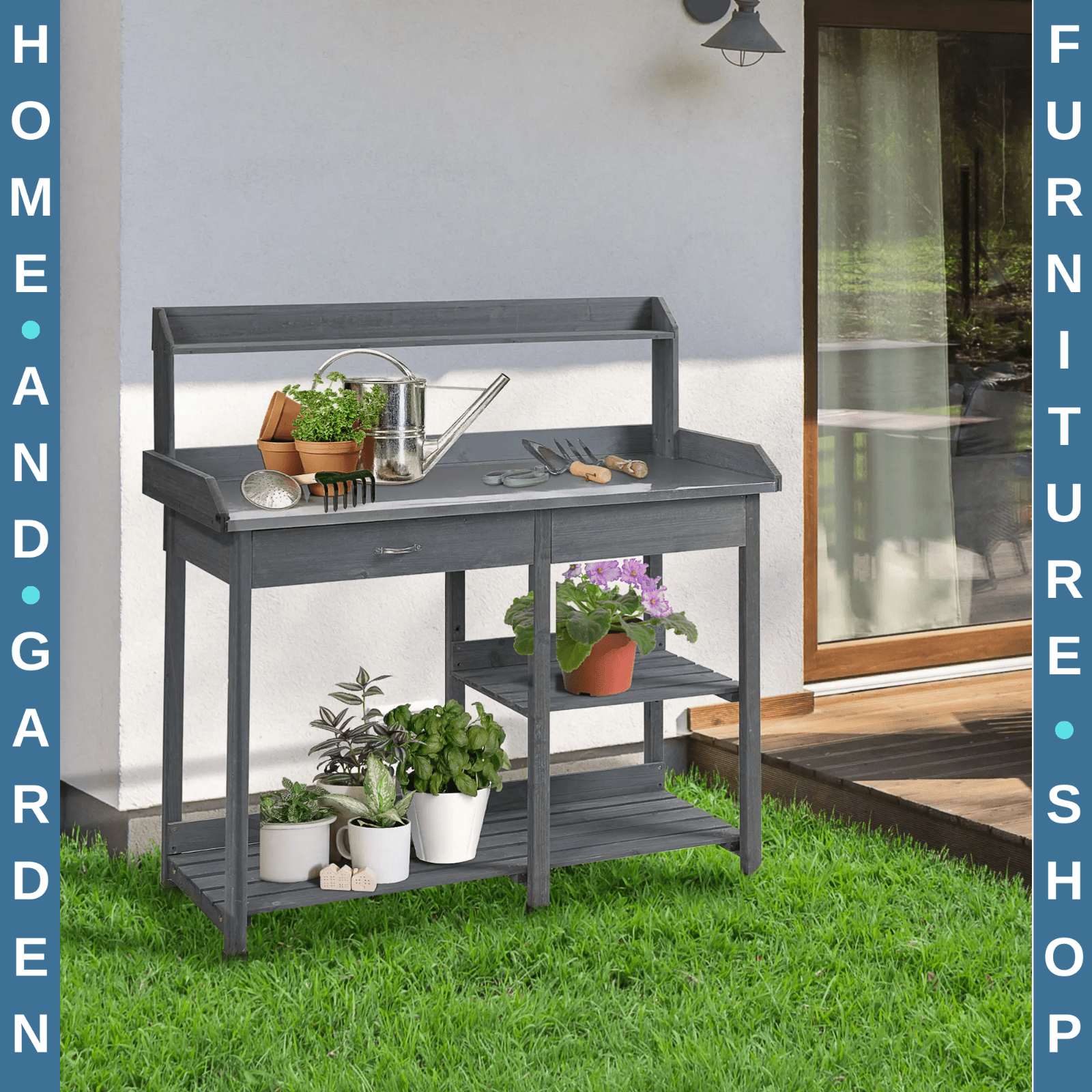 Wooden Garden Potting Table Workstation with Metal Top Drawer & Storage Shelves - Home and Garden Furniture Shop - rustic - furniture