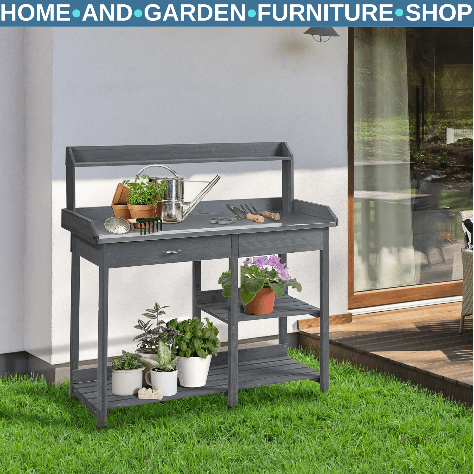 Wooden Garden Potting Table Workstation with Metal Top Drawer & Storage Shelves - Home and Garden Furniture Shop - rustic - furniture