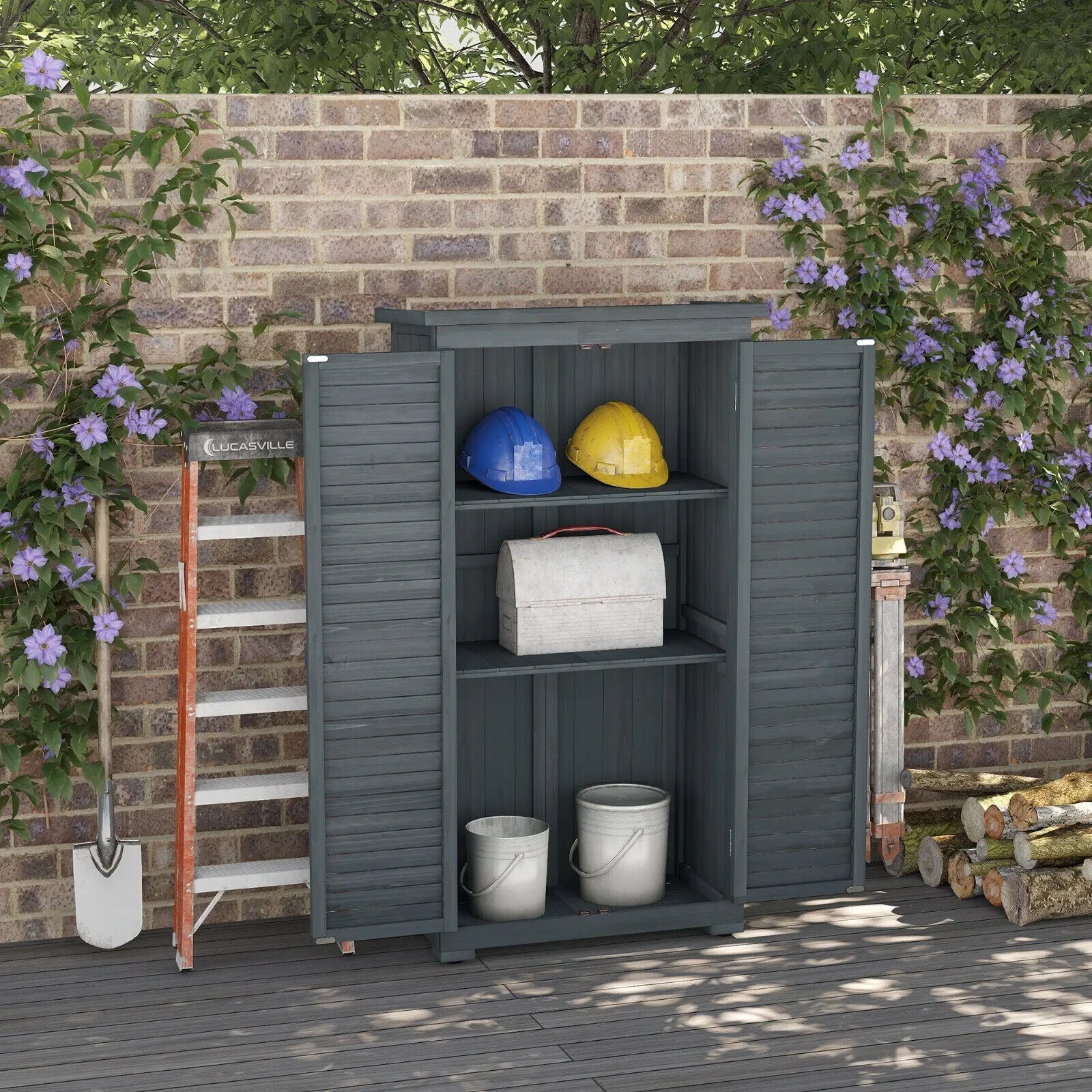 Wooden Garden Storage Shed with 3 Shelves, Shutter Doors and Asphalt Roof - Home and Garden Furniture Shop - #rustic - furniture#