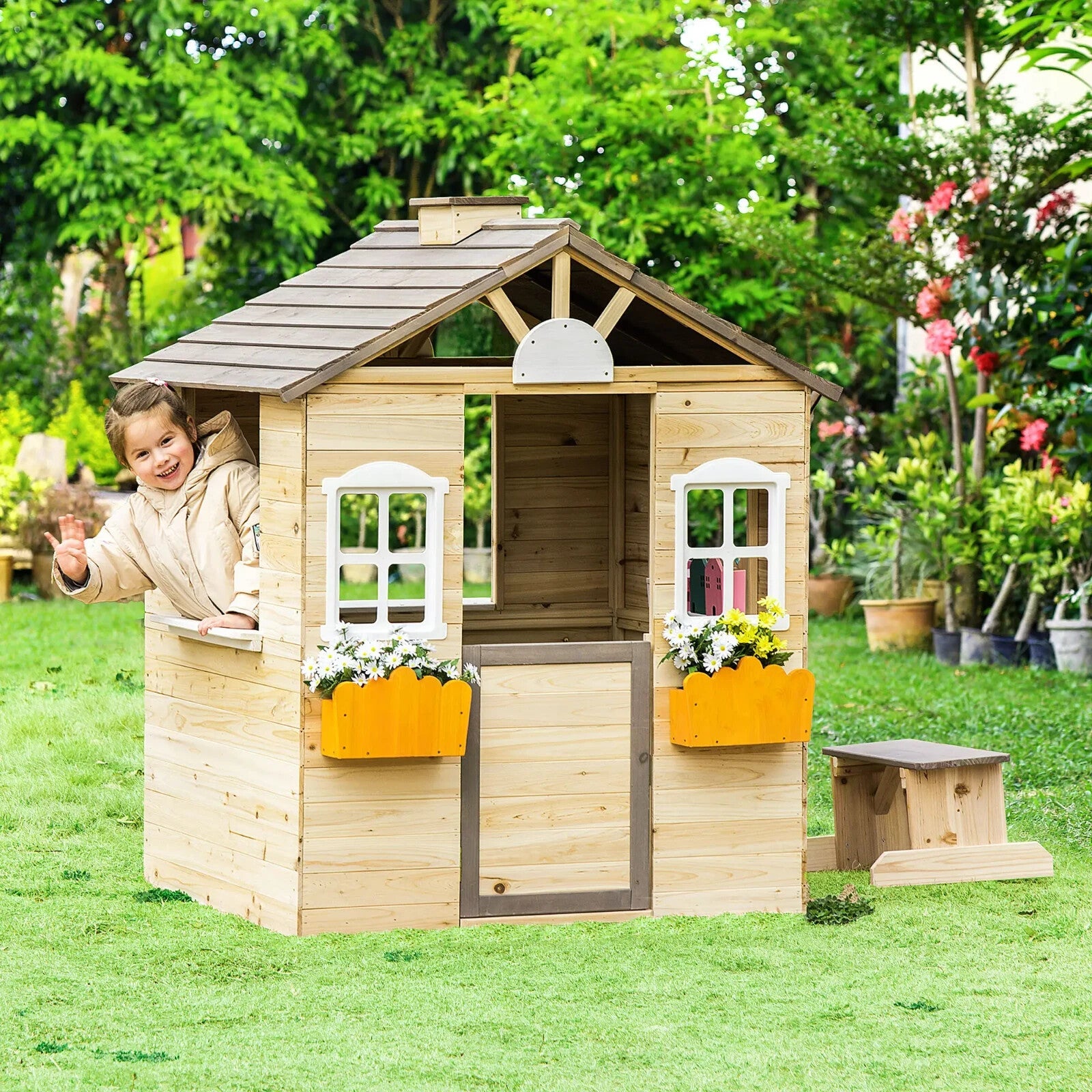 Wooden Kids Outdoor Playhouse with Bench Service Station Windows Door Toy Hut - Home and Garden Furniture Shop - rustic - furniture
