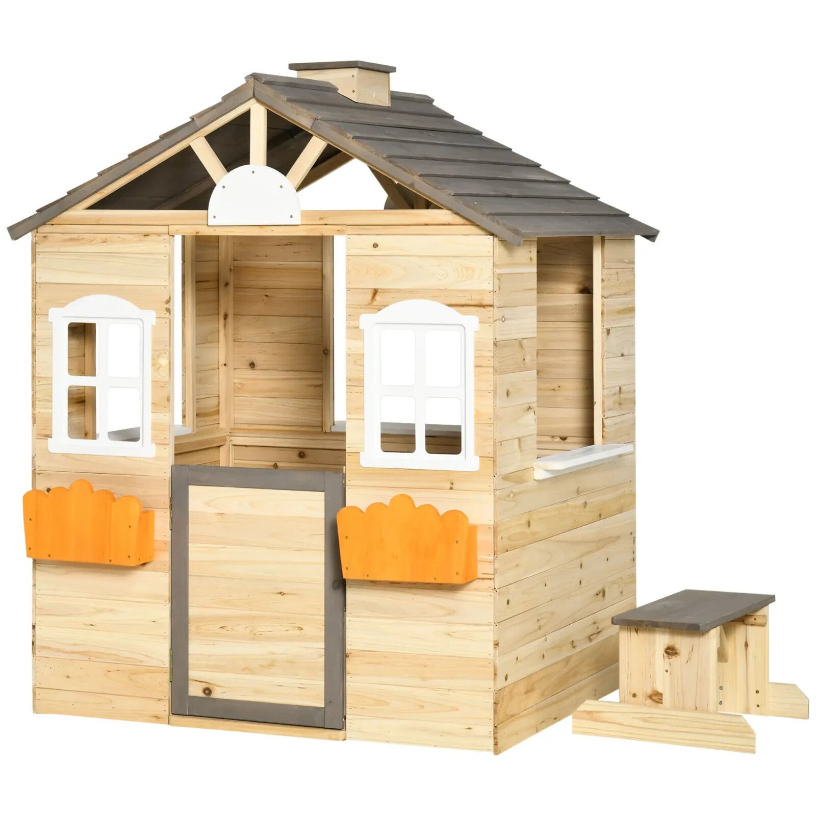 Wooden Kids Outdoor Playhouse with Bench Service Station Windows Door Toy Hut - Home and Garden Furniture Shop - rustic - furniture