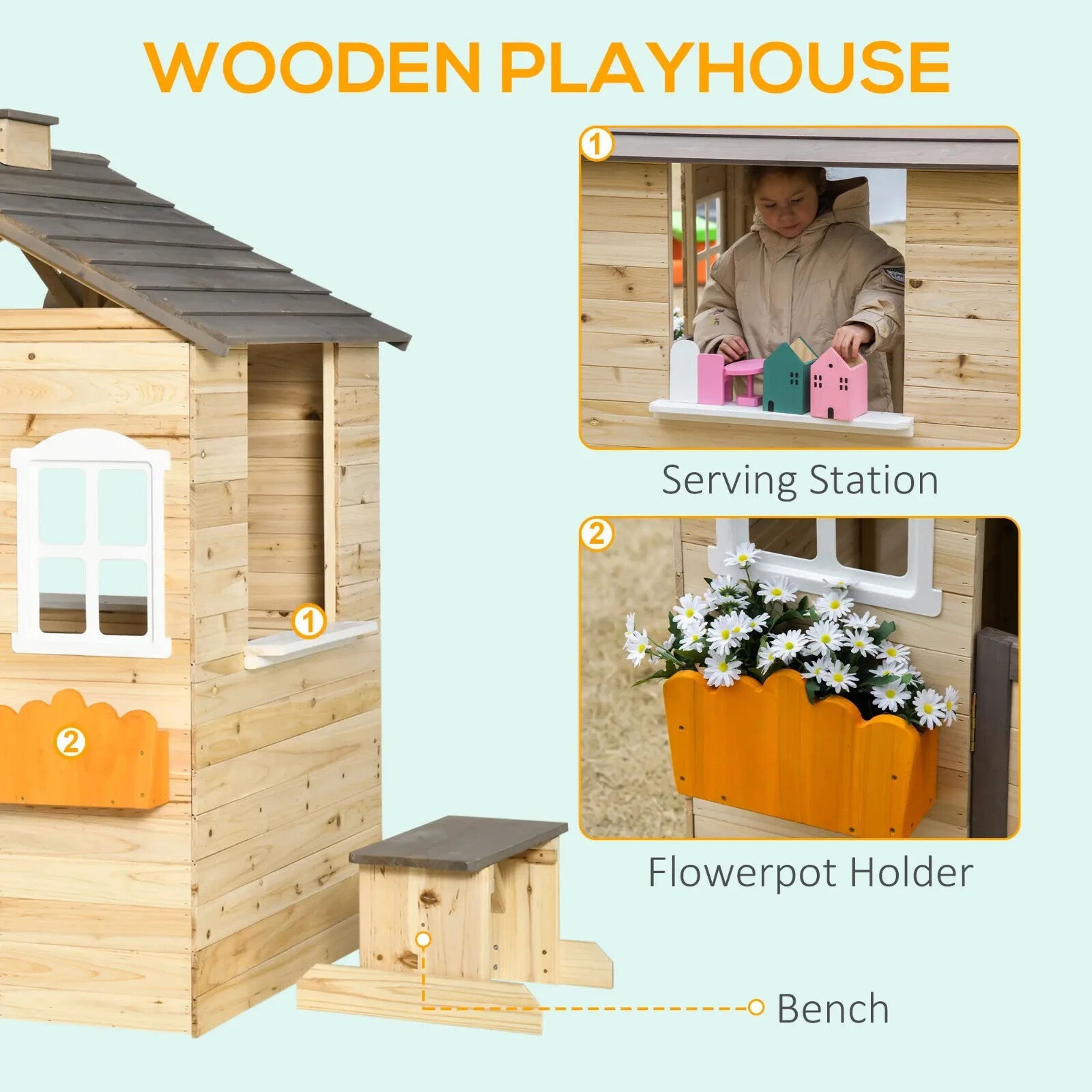Wooden Kids Outdoor Playhouse with Bench Service Station Windows Door Toy Hut - Home and Garden Furniture Shop - rustic - furniture