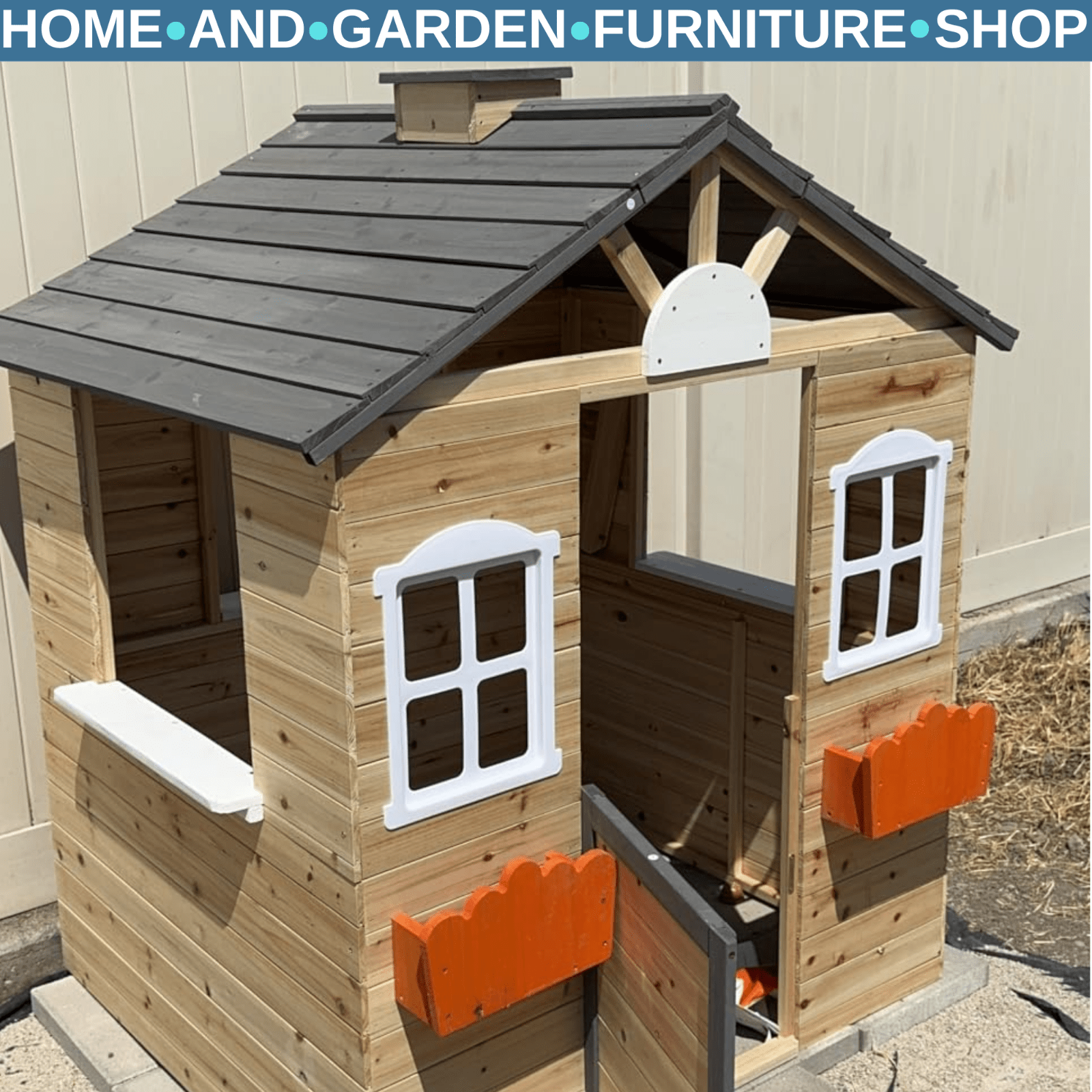 Wooden Kids Outdoor Playhouse with Bench Service Station Windows Door Toy Hut - Home and Garden Furniture Shop - rustic - furniture