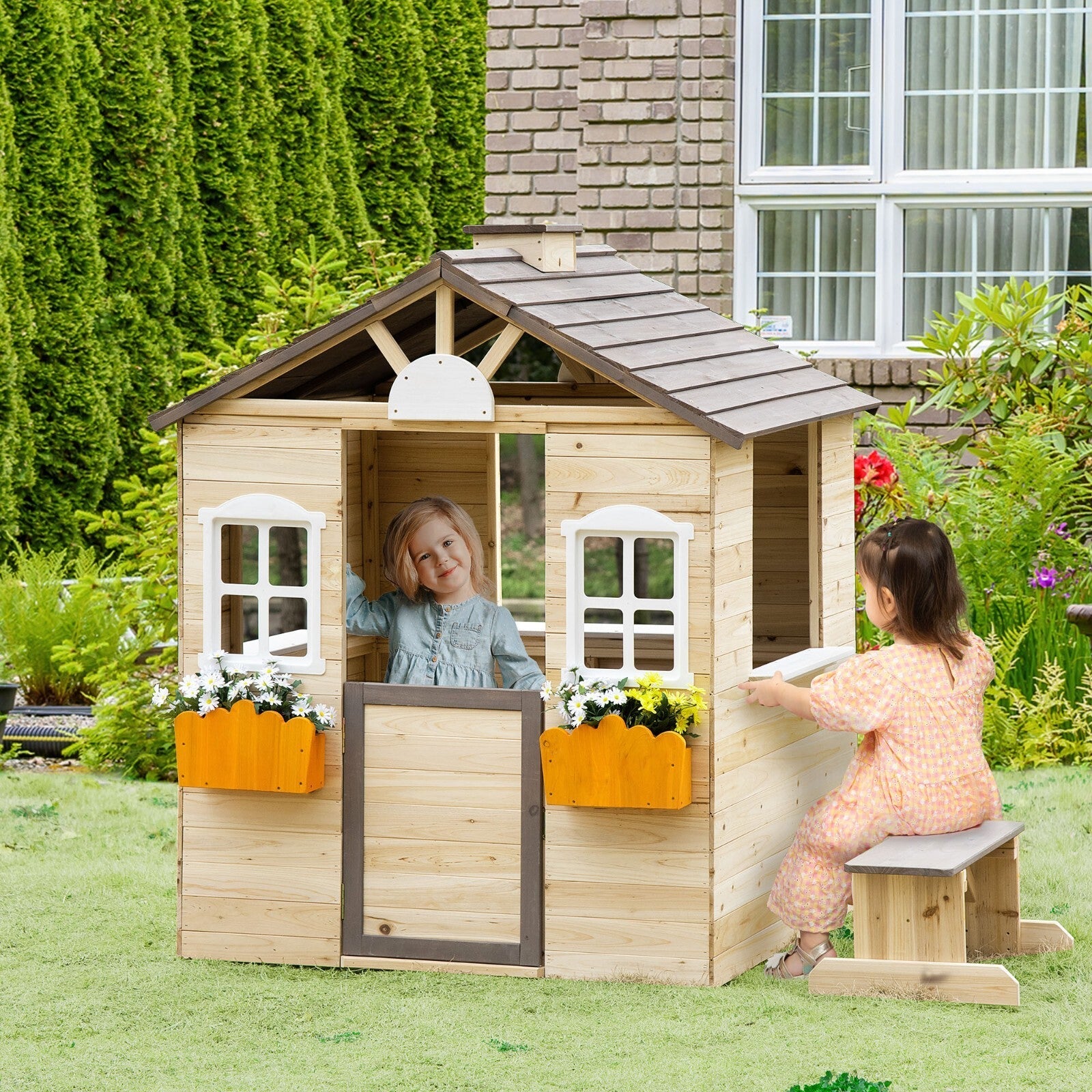 Wooden Kids Outdoor Playhouse with Bench Service Station Windows Door Toy Hut - Home and Garden Furniture Shop - rustic - furniture