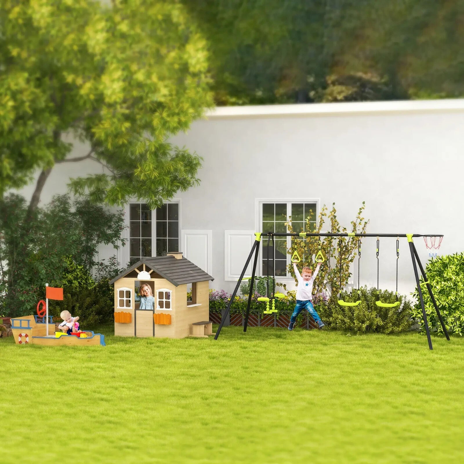 Wooden Kids Outdoor Playhouse with Bench Service Station Windows Door Toy Hut - Home and Garden Furniture Shop - rustic - furniture