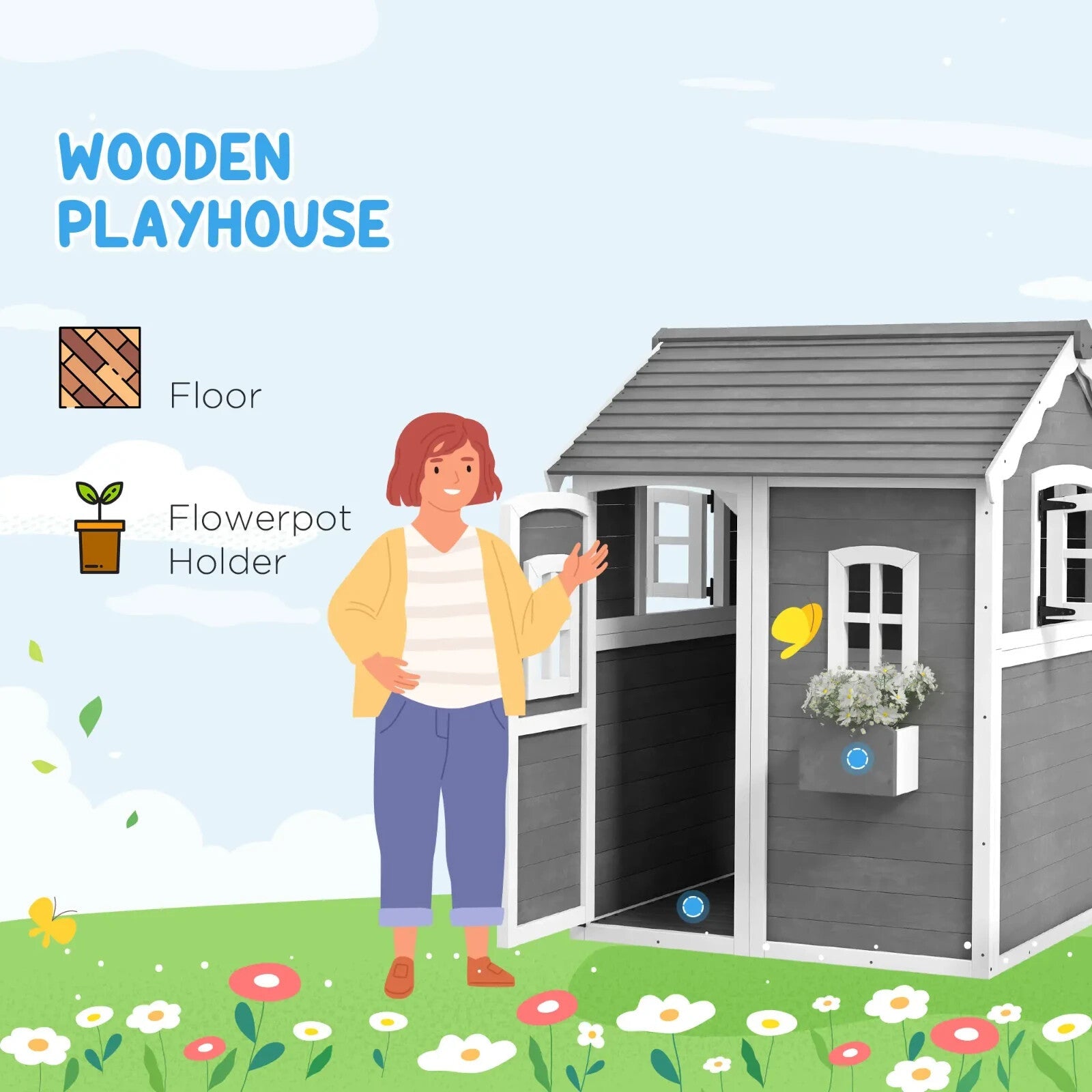 Wooden Kids Playhouse with Doors Windows Plant Box for Garden Patio Ages 3 to 8 - Home and Garden Furniture Shop - rustic - furniture