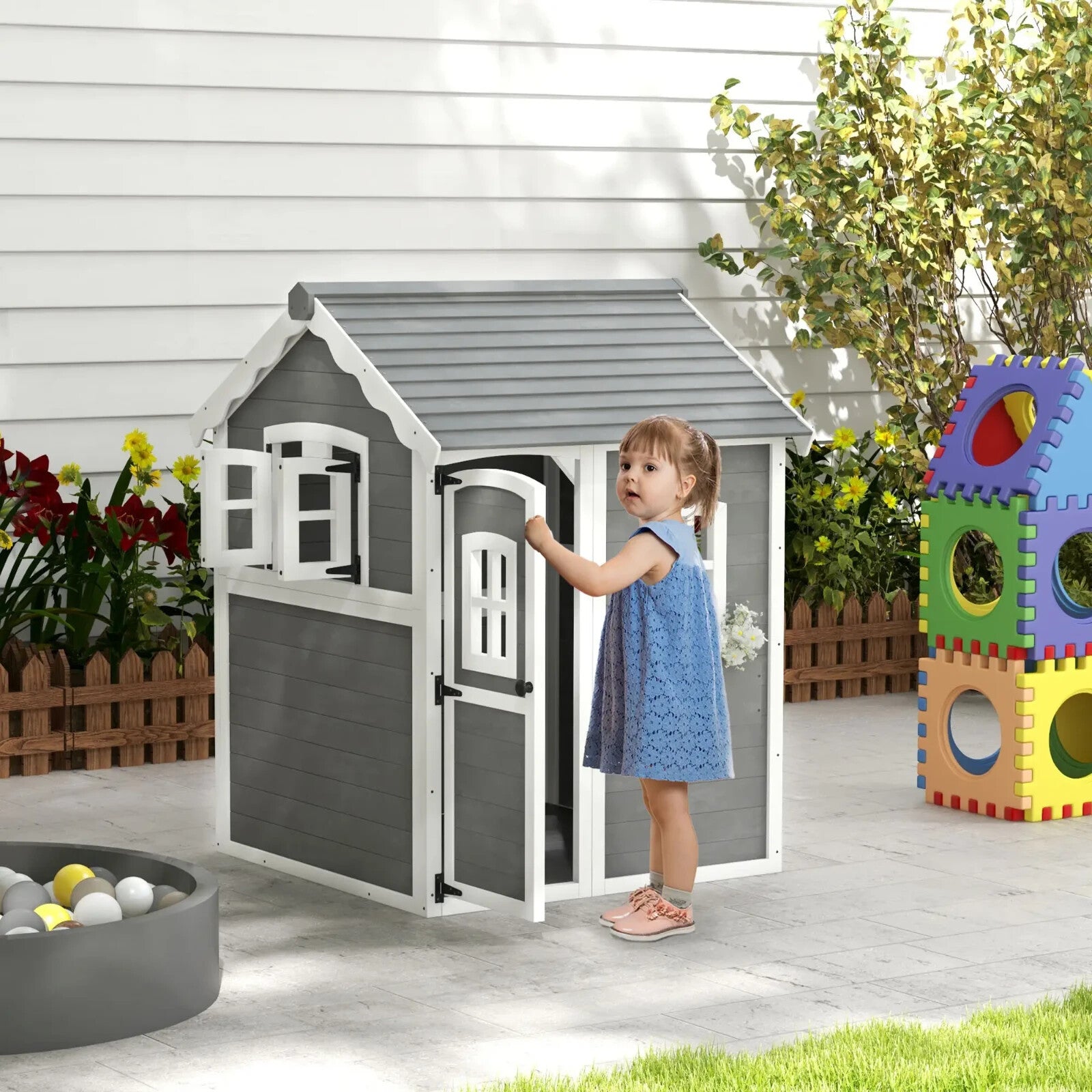 Wooden Kids Playhouse with Doors Windows Plant Box for Garden Patio Ages 3 to 8 - Home and Garden Furniture Shop - rustic - furniture