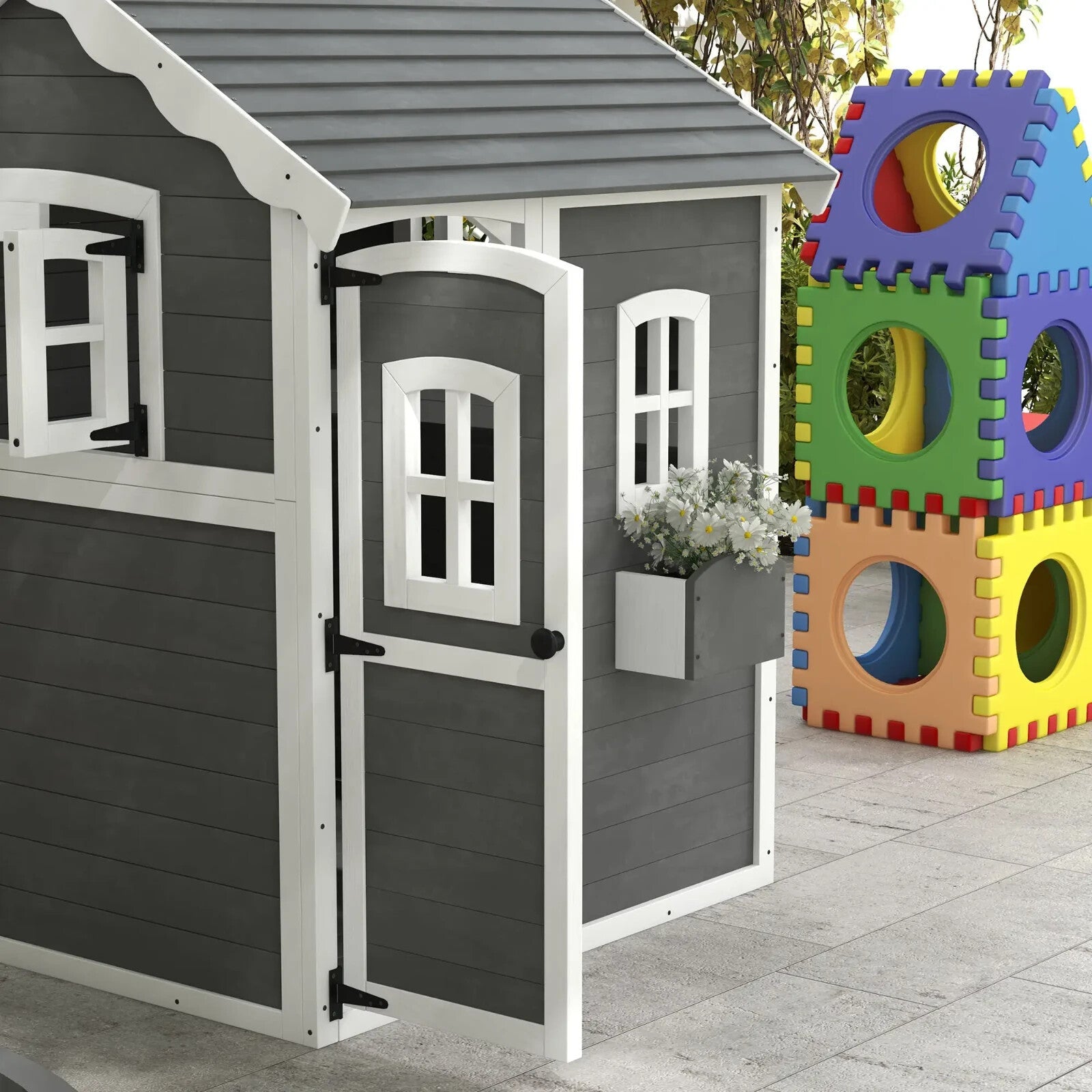 Wooden Kids Playhouse with Doors Windows Plant Box for Garden Patio Ages 3 to 8 - Home and Garden Furniture Shop - rustic - furniture