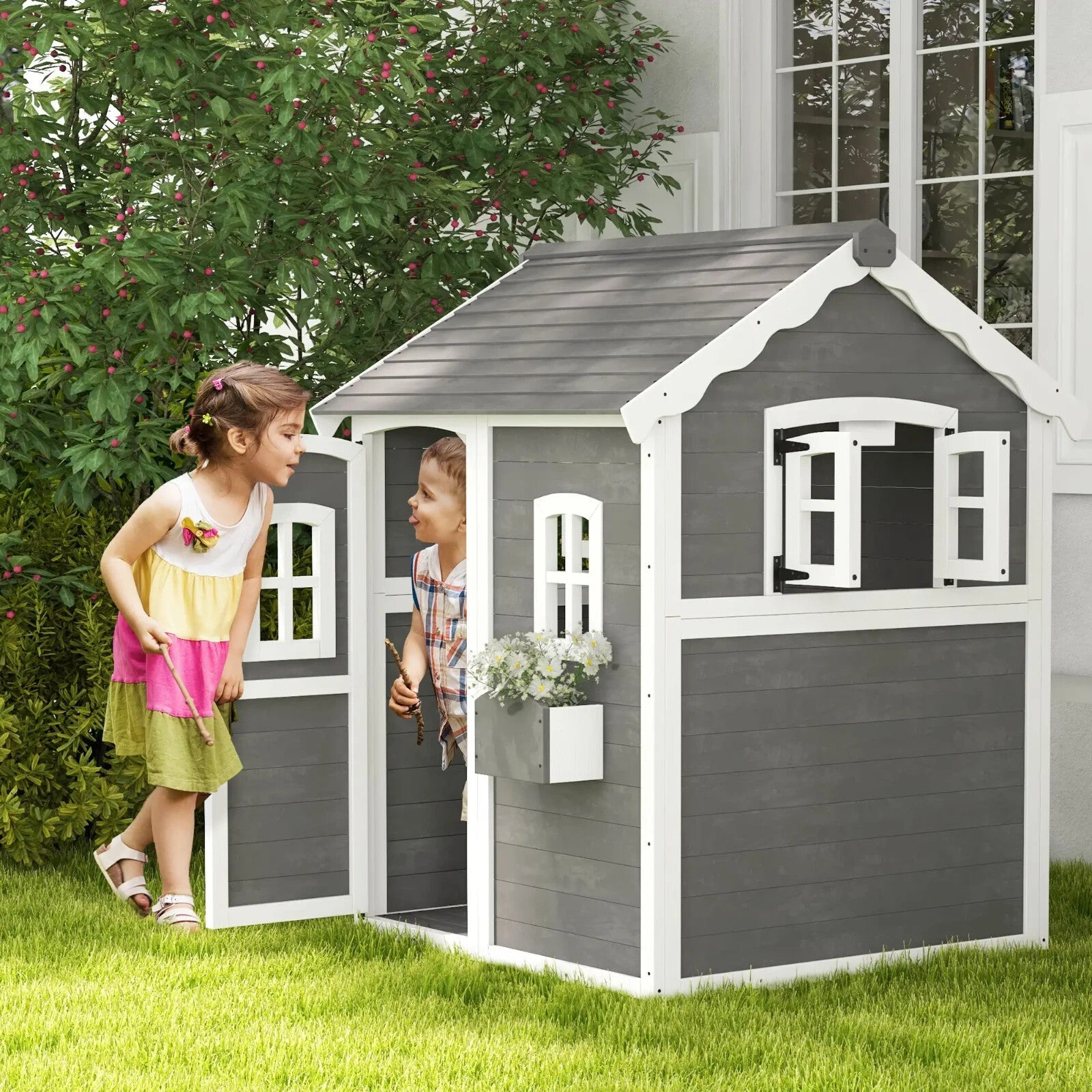 Wooden Kids Playhouse with Doors Windows Plant Box for Garden Patio Ages 3 to 8 - Home and Garden Furniture Shop - rustic - furniture
