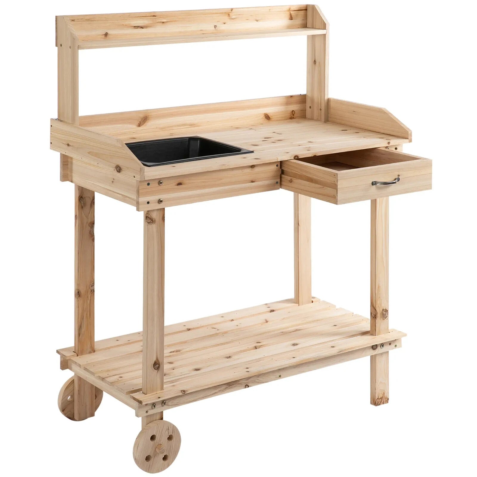 Wooden Potting Bench with Sink Drawer & 2 Wheels Garden Workstation 92x45x119 cm - Home and Garden Furniture Shop - rustic - furniture