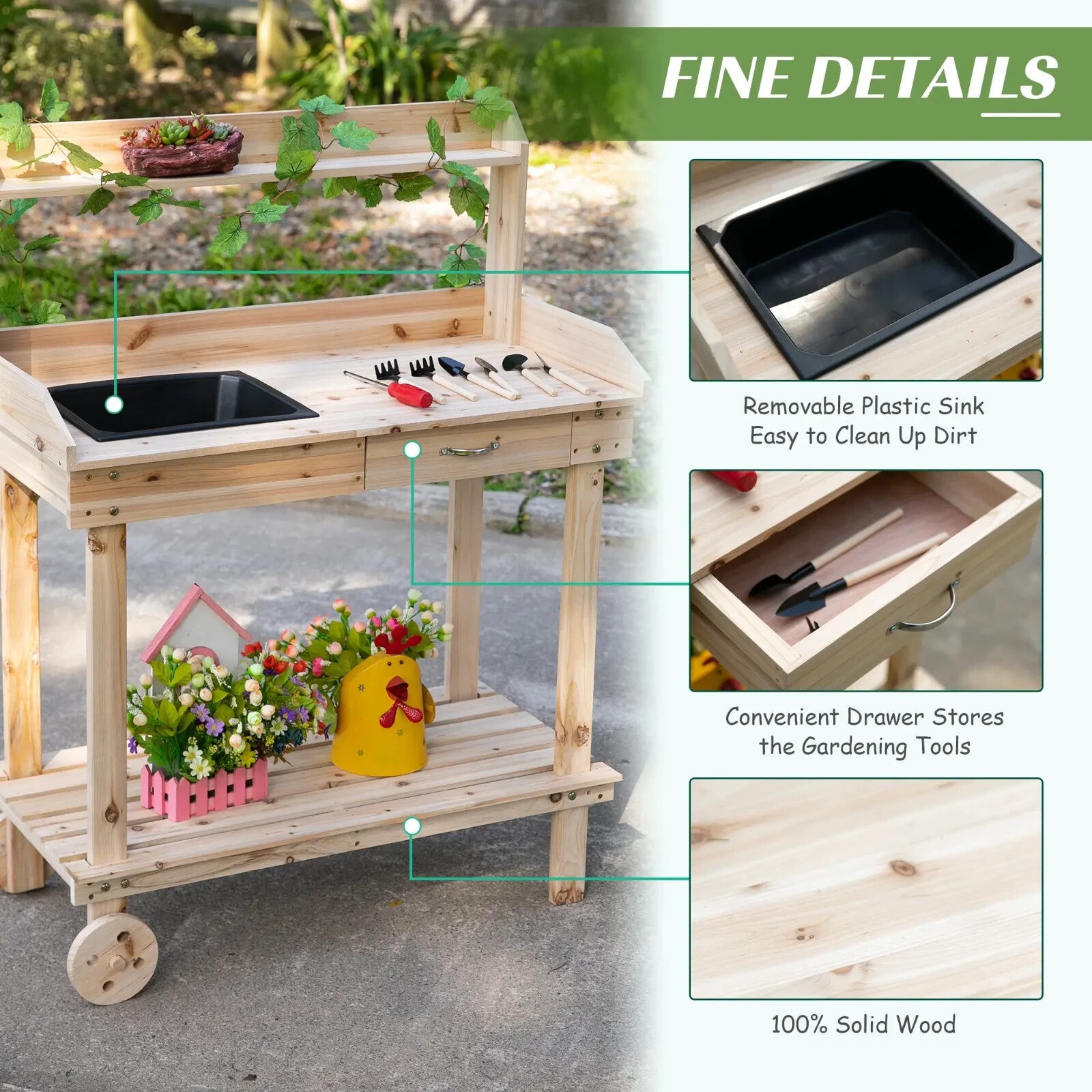Wooden Potting Bench with Sink Drawer & 2 Wheels Garden Workstation 92x45x119 cm - Home and Garden Furniture Shop - rustic - furniture