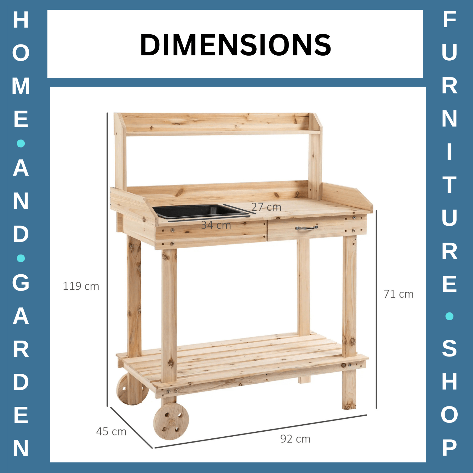Wooden Potting Bench with Sink Drawer & 2 Wheels Garden Workstation 92x45x119 cm - Home and Garden Furniture Shop - rustic - furniture