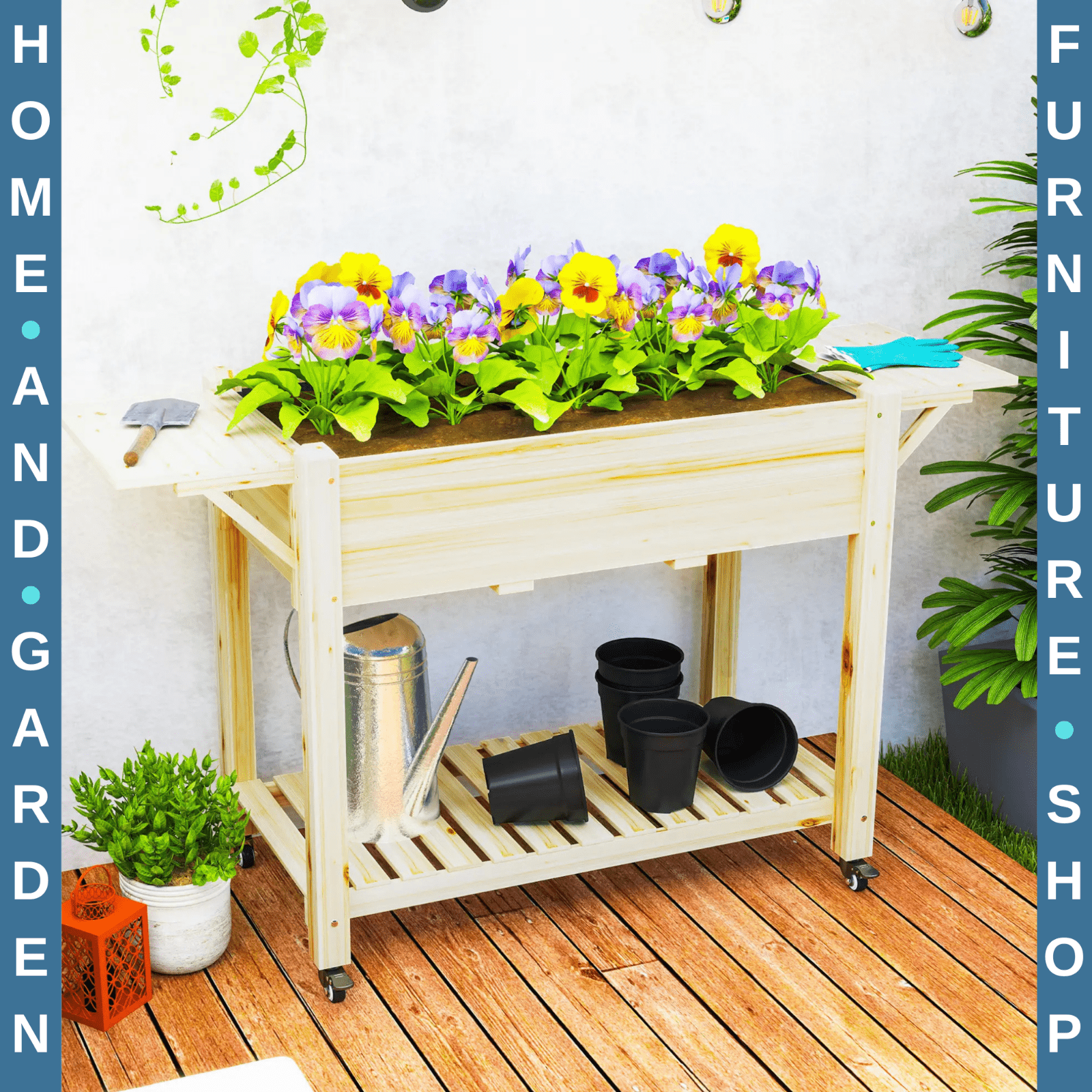 Wooden Raised Garden Bed Elevated Planter Box With Wheels Shelf And Side Tables - Home and Garden Furniture Shop - rustic - furniture