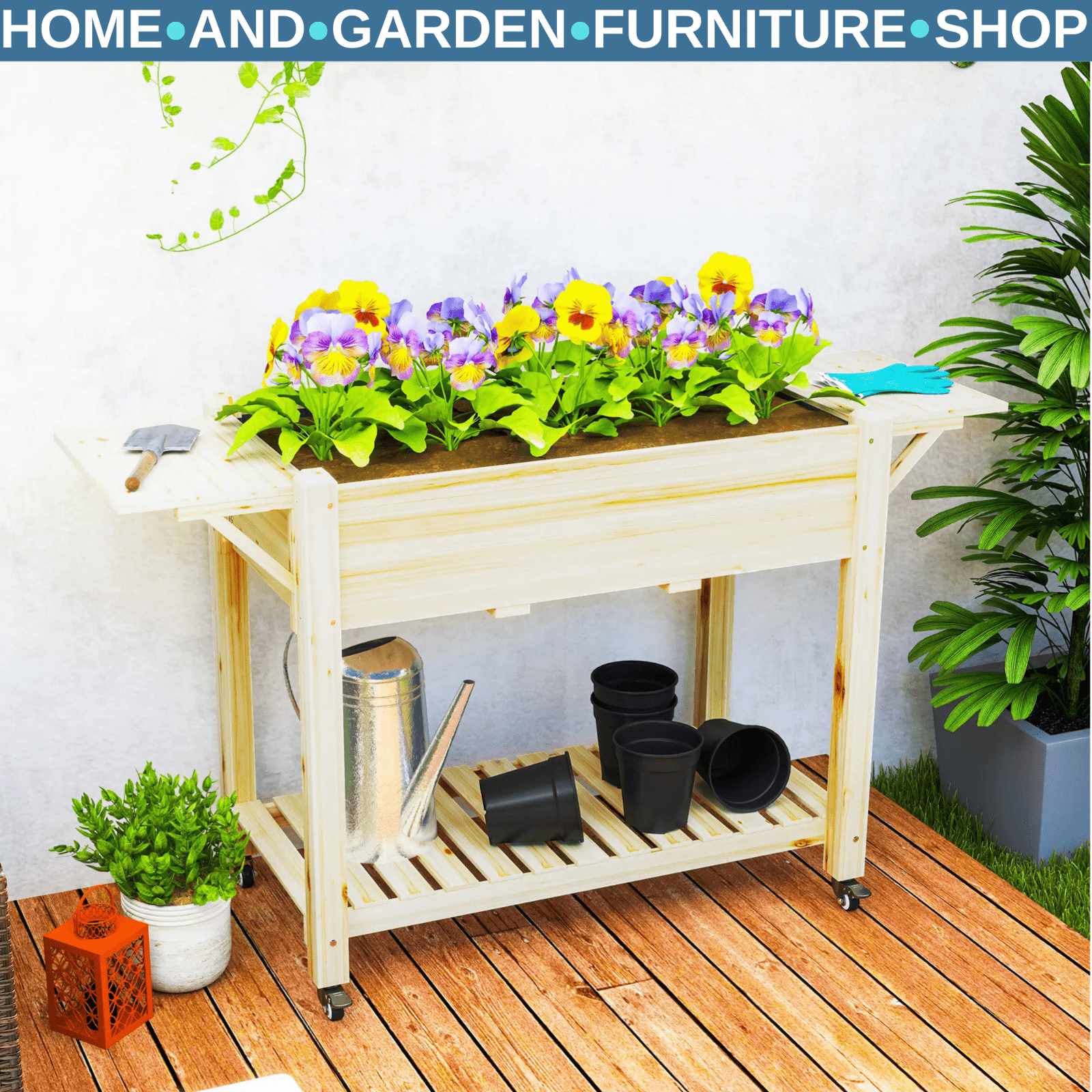 Wooden Raised Garden Bed Elevated Planter Box With Wheels Shelf And Side Tables - Home and Garden Furniture Shop - rustic - furniture