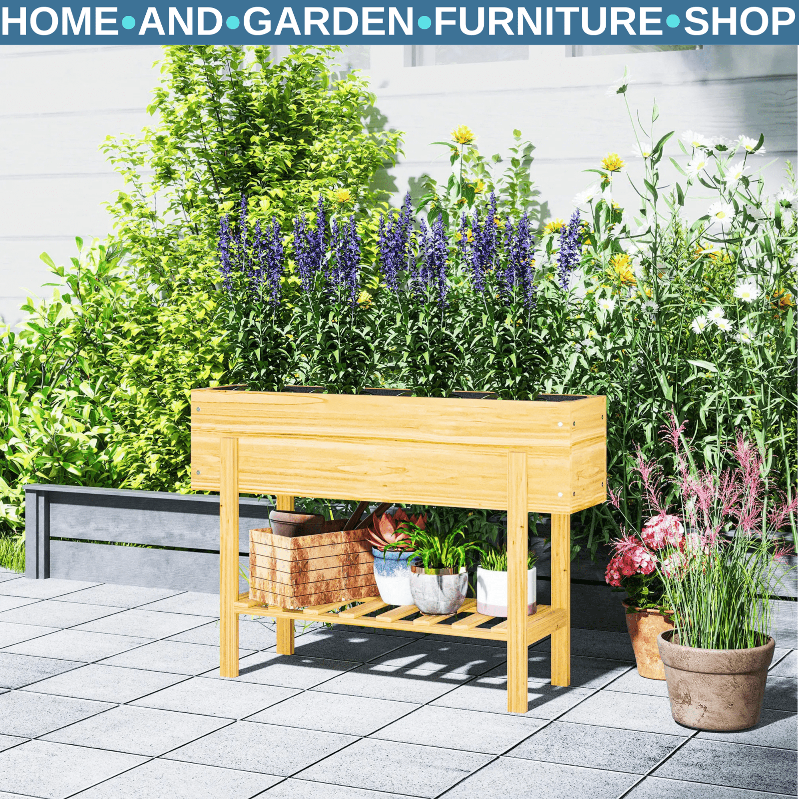 Wooden Raised Garden Bed Outdoor Elevated Planter Box With Liner Storage Shelf - Home and Garden Furniture Shop - rustic - furniture