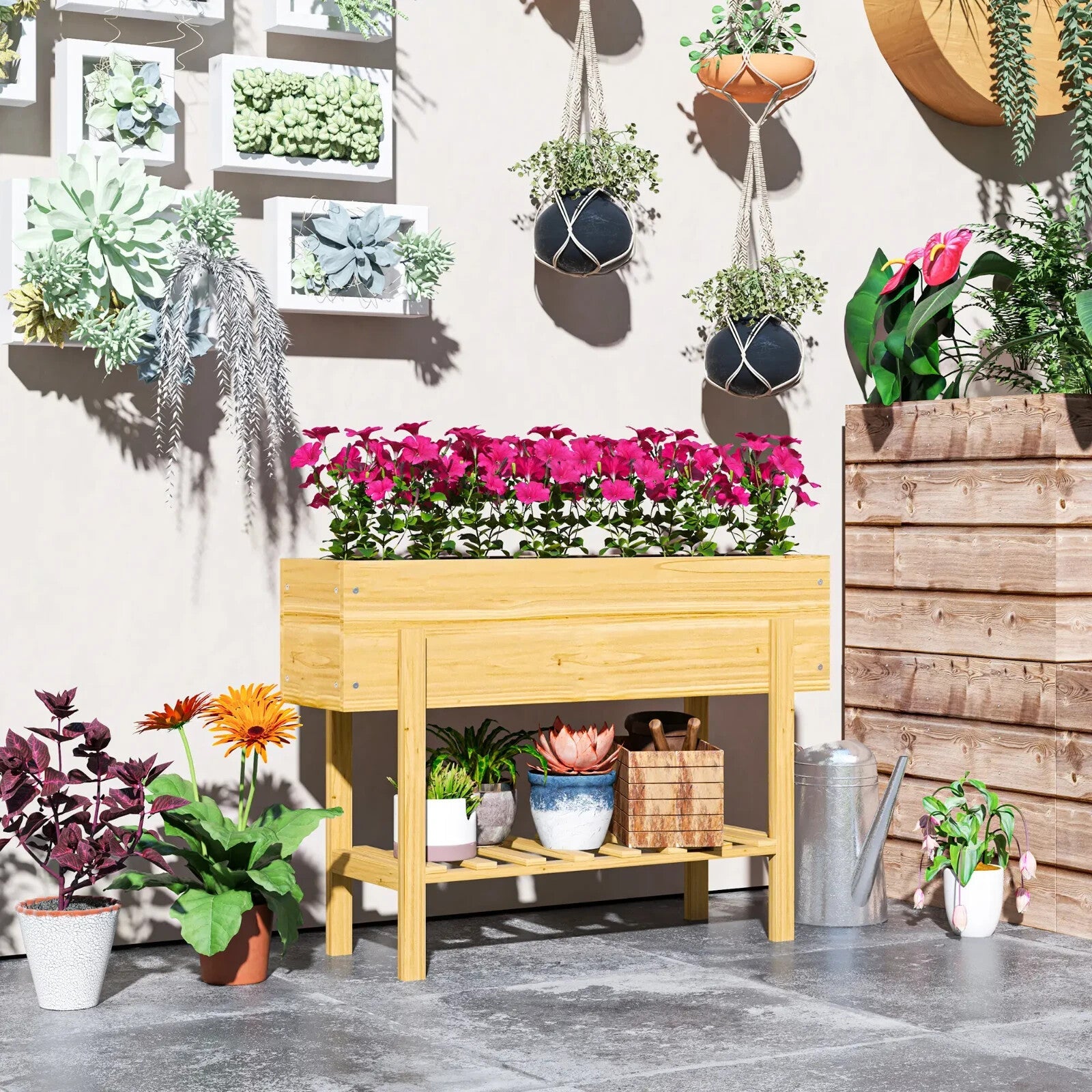 Wooden Raised Garden Bed Outdoor Elevated Planter Box With Liner Storage Shelf - Home and Garden Furniture Shop - rustic - furniture