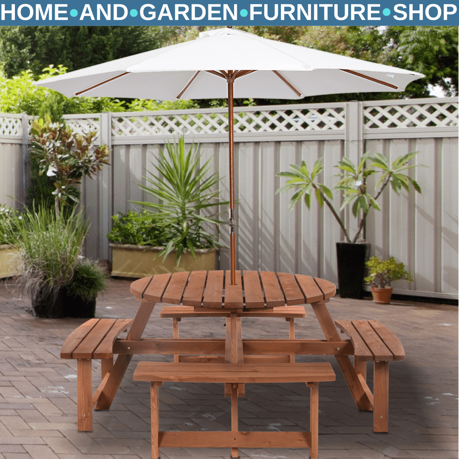 Wooden Round Picnic Table Garden Bench Set Outdoor 8 Seater Bench Parasol Hole - Home and Garden Furniture Shop - rustic - furniture