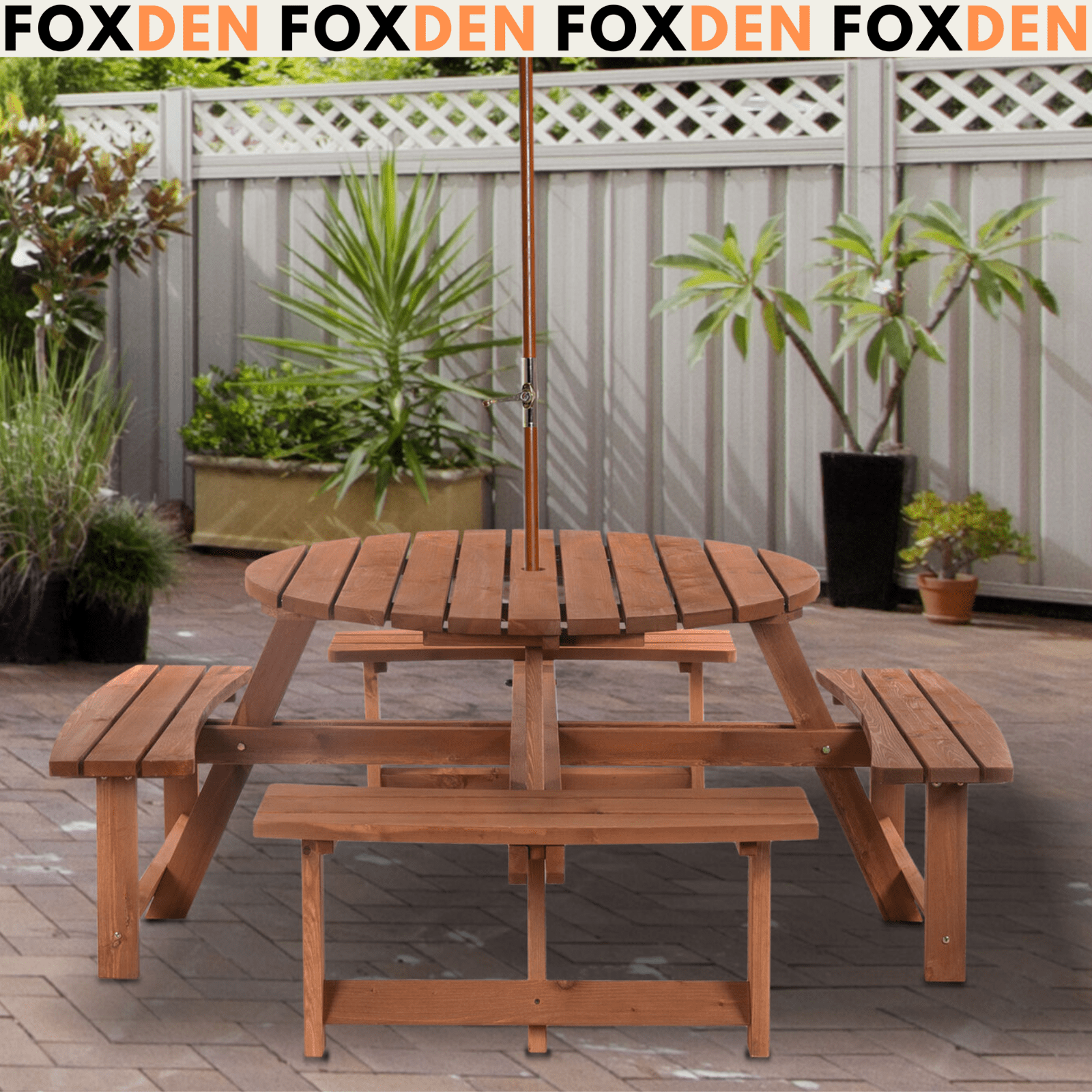 Wooden Round Picnic Table Garden Bench Set Outdoor 8 Seater Bench Parasol Hole - Home and Garden Furniture Shop - #rustic - furniture#